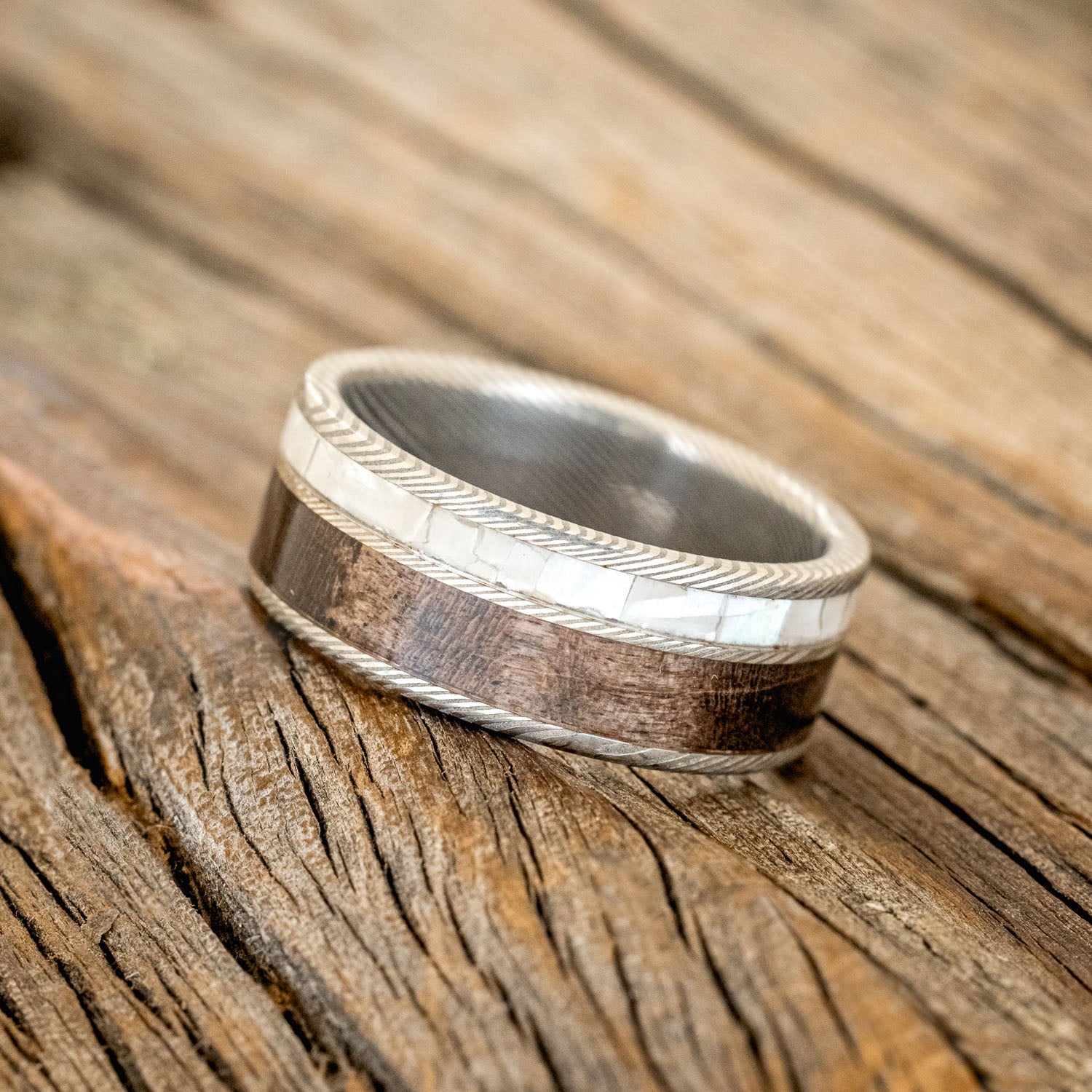 "RAPTOR" - DARK WALNUT WOOD & MOTHER OF PEARL WEDDING BAND-2