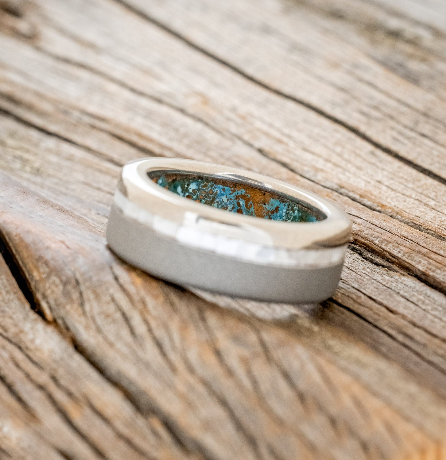 "VERTIGO" - MOTHER OF PEARL WEDDING RING WITH PATINA COPPER LINING FEATURING A SANDBLASTED FINISH-5