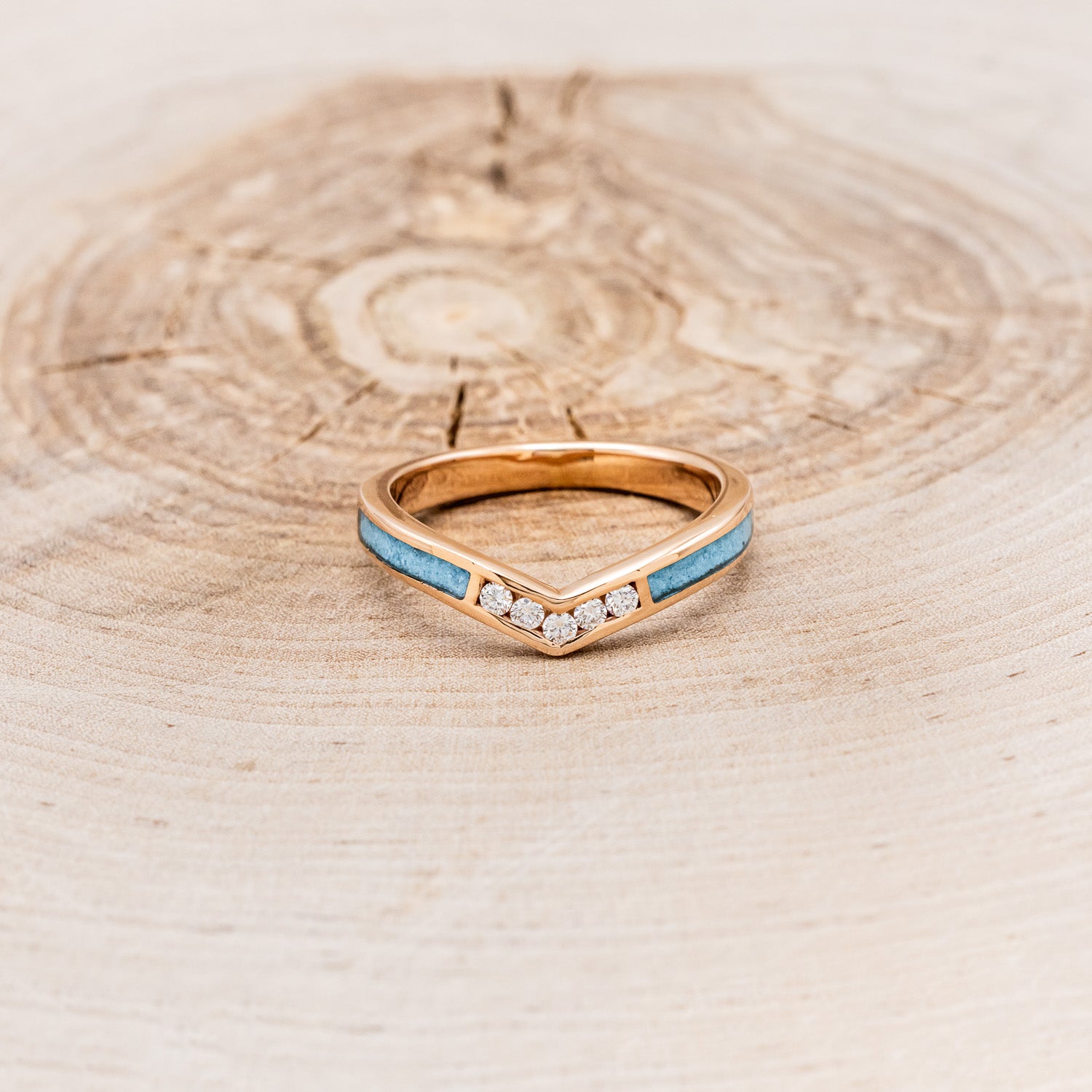 "KIDA" - V-SHAPED STACKING BAND WITH DIAMONDS & TURQUOISE INLAYS-15
