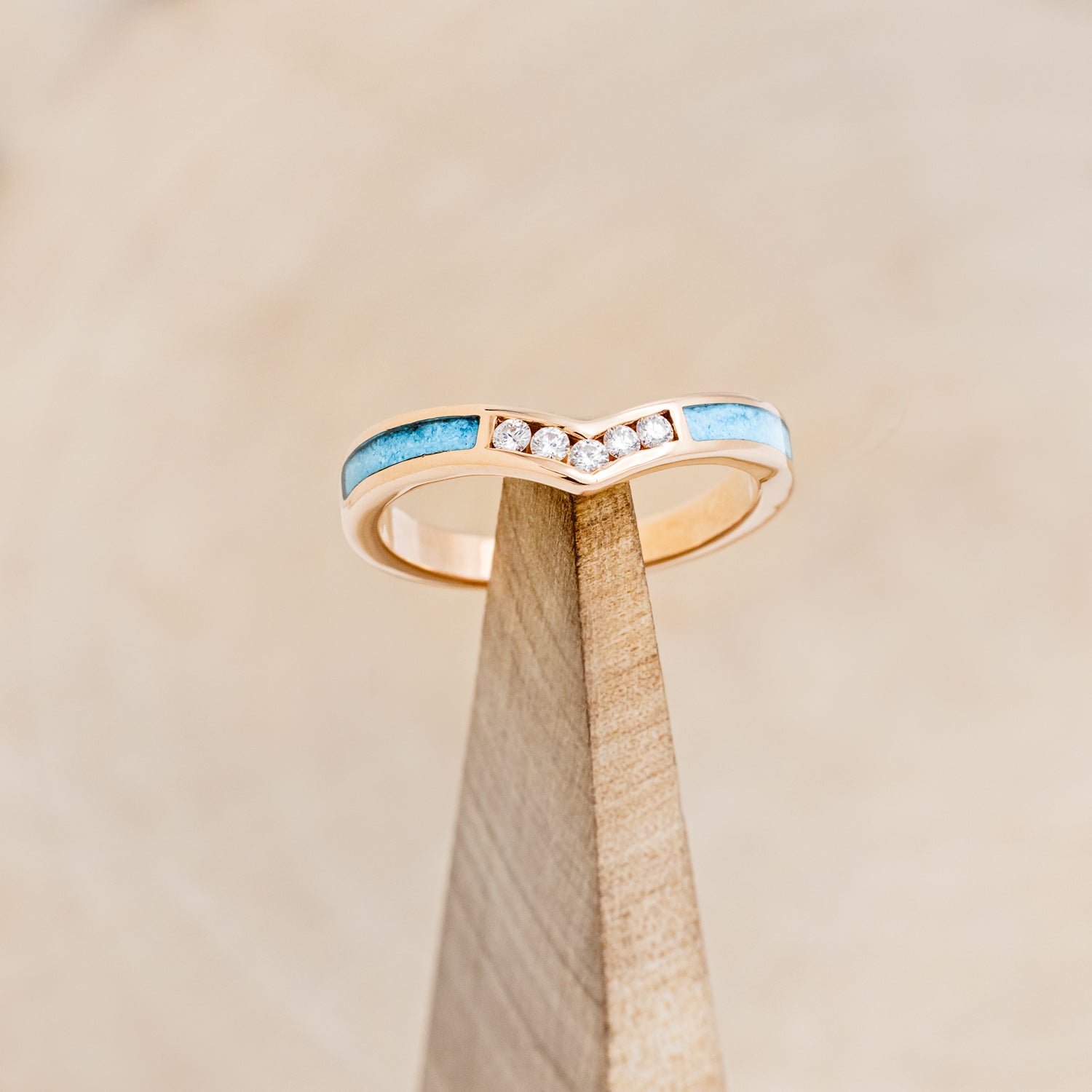 "KIDA" - V-SHAPED STACKING BAND WITH DIAMONDS & TURQUOISE INLAYS-12