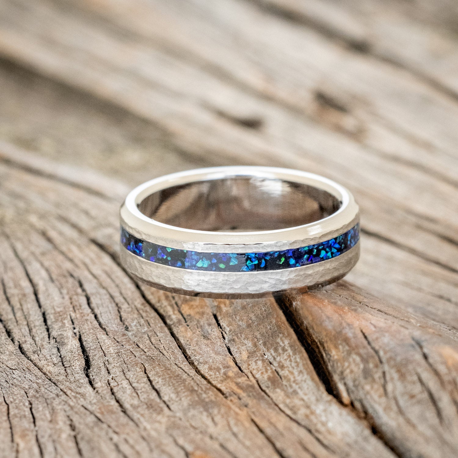 "VERTIGO" - JET STONE & BLACK EMERALD OPAL WEDDING BAND WITH A HAMMERED FINISH-3