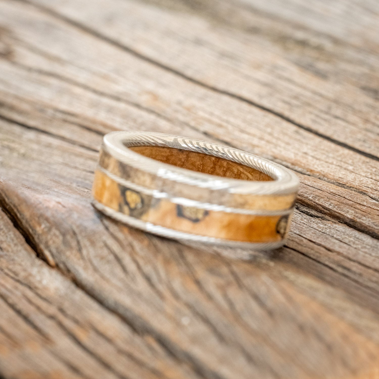 "RAPTOR" - WHISKEY BARREL LINED WEDDING RING WITH GOLD NUGGETS IN BUCKEYE BURL WOOD & A SPALTED MAPLE INLAY-17