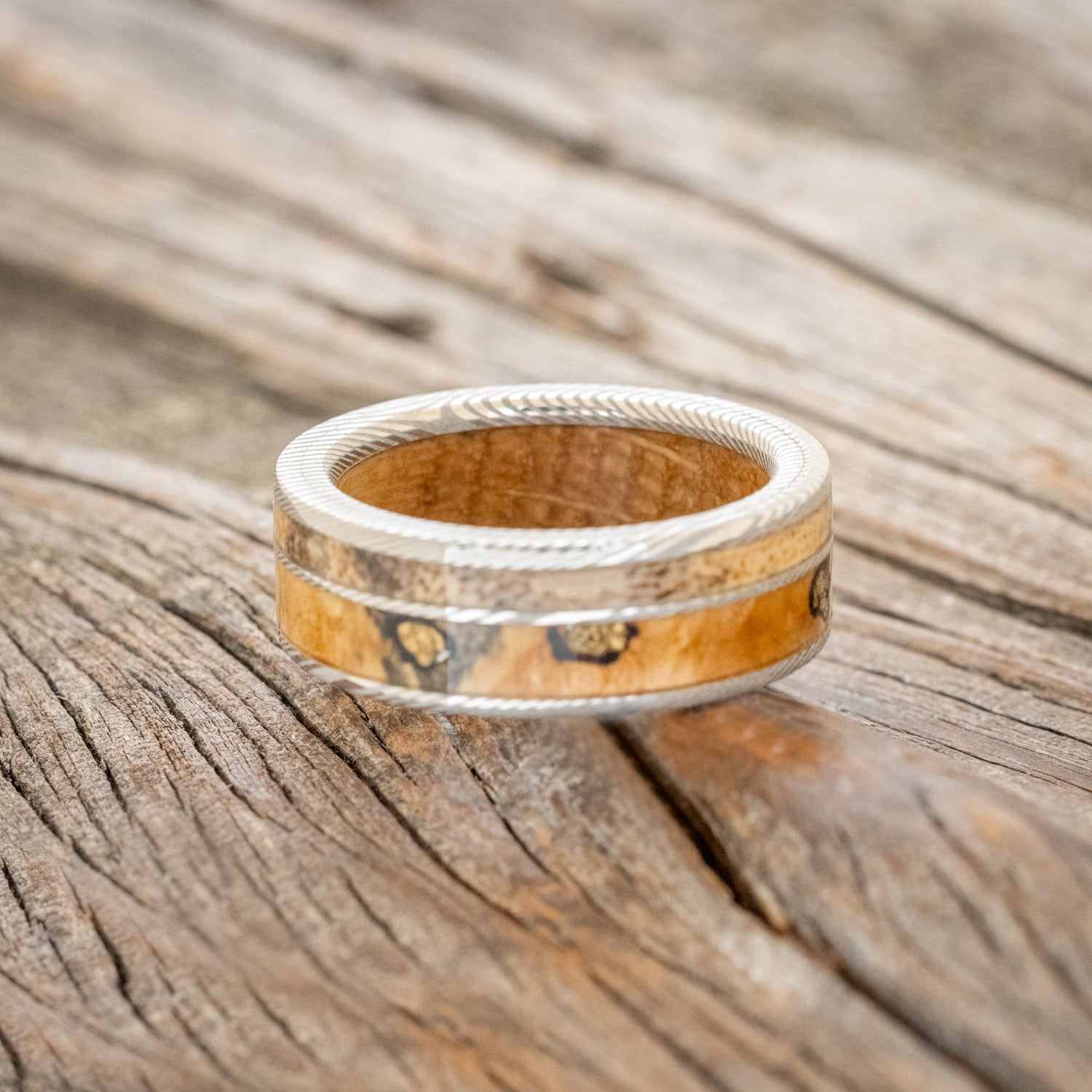"RAPTOR" - WHISKEY BARREL LINED WEDDING RING WITH GOLD NUGGETS IN BUCKEYE BURL WOOD & A SPALTED MAPLE INLAY-18