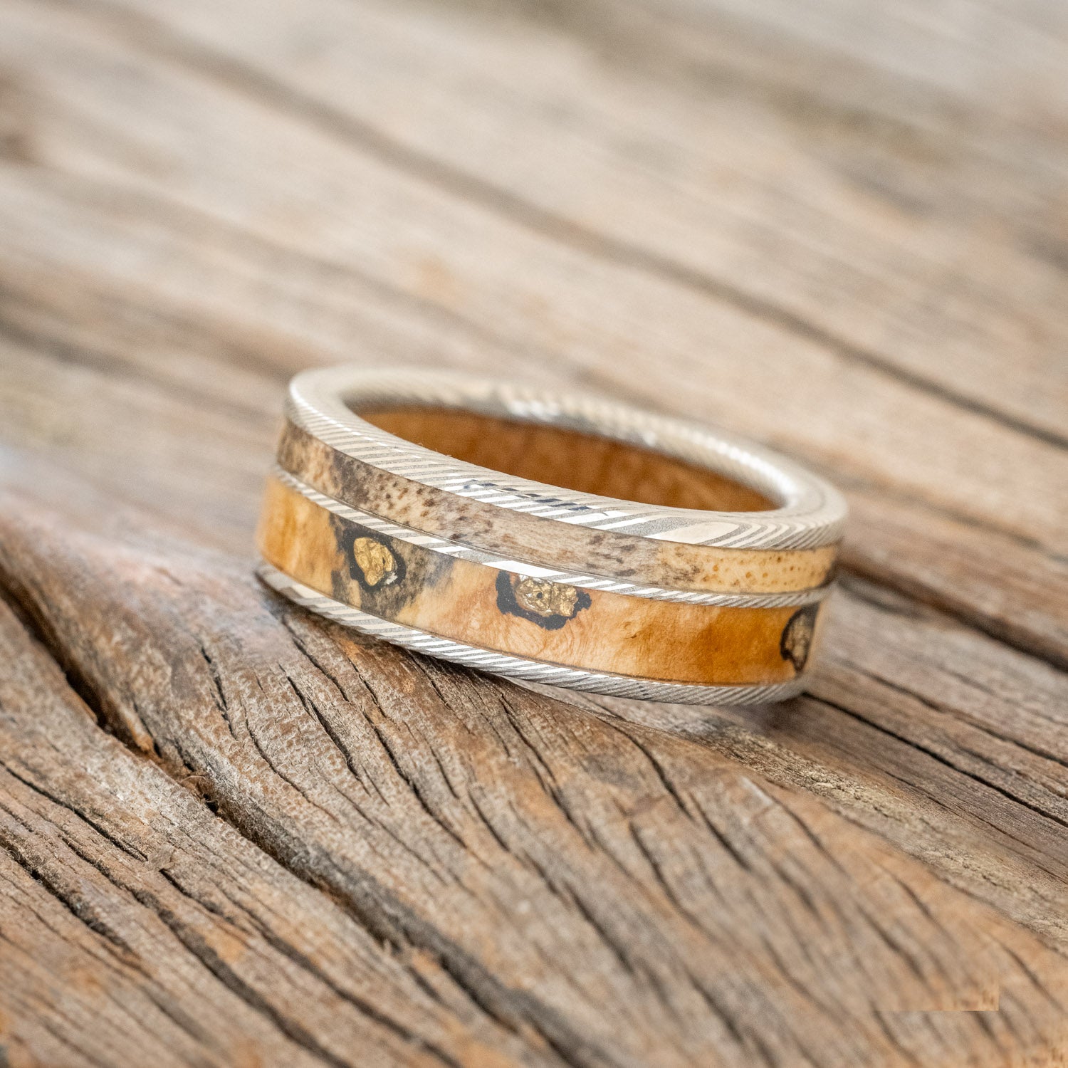 "RAPTOR" - WHISKEY BARREL LINED WEDDING RING WITH GOLD NUGGETS IN BUCKEYE BURL WOOD & A SPALTED MAPLE INLAY-14