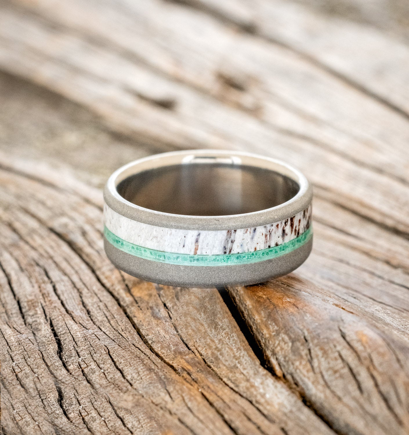 "TANNER" - MALACHITE & ANTLER WEDDING BAND WITH A SANDBLASTED FINISH-3