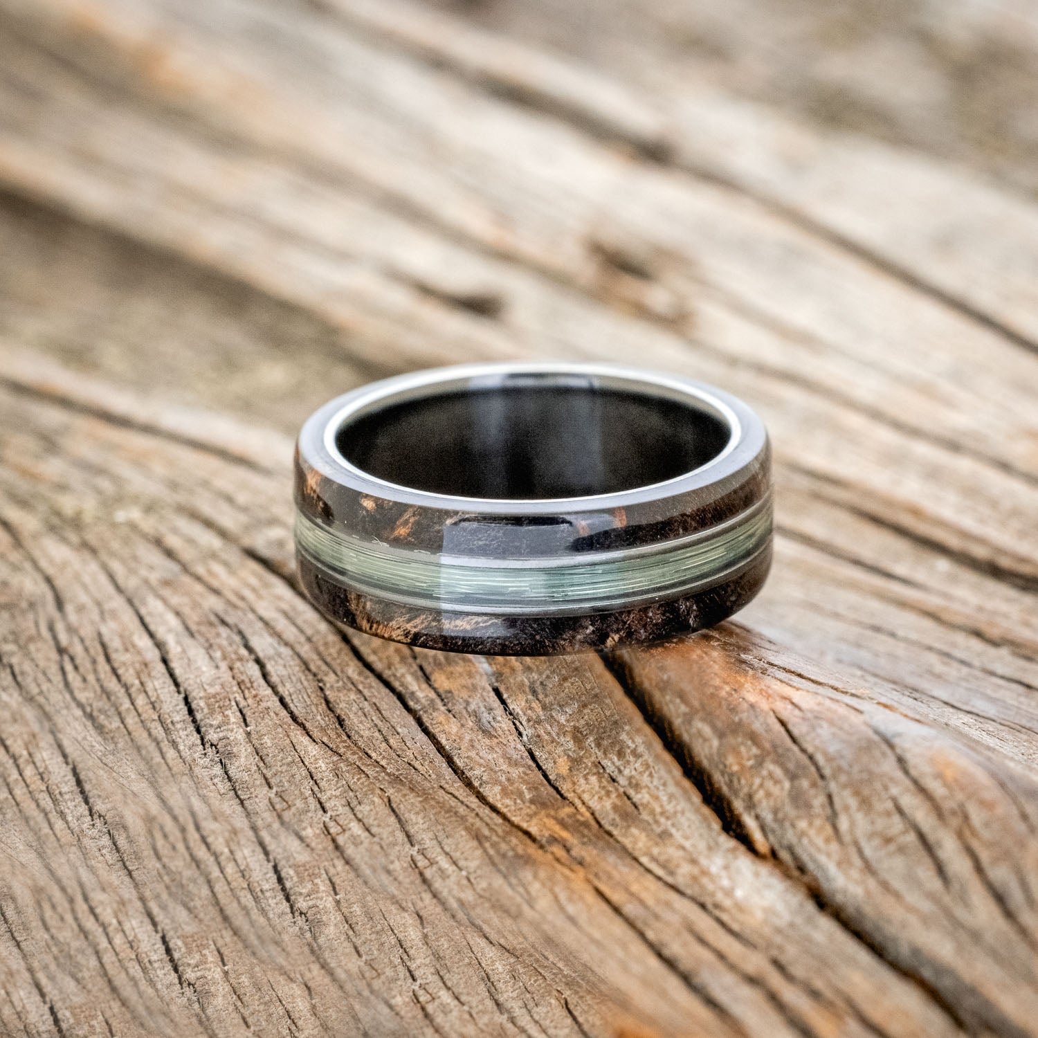 "GLEN" - BUCKEYE BURL WOOD & FISHING LINE WEDDING BAND-6