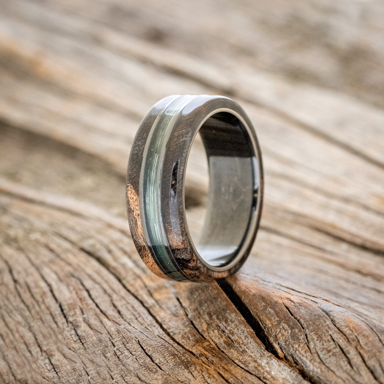 "GLEN" - BUCKEYE BURL WOOD & FISHING LINE WEDDING BAND-4