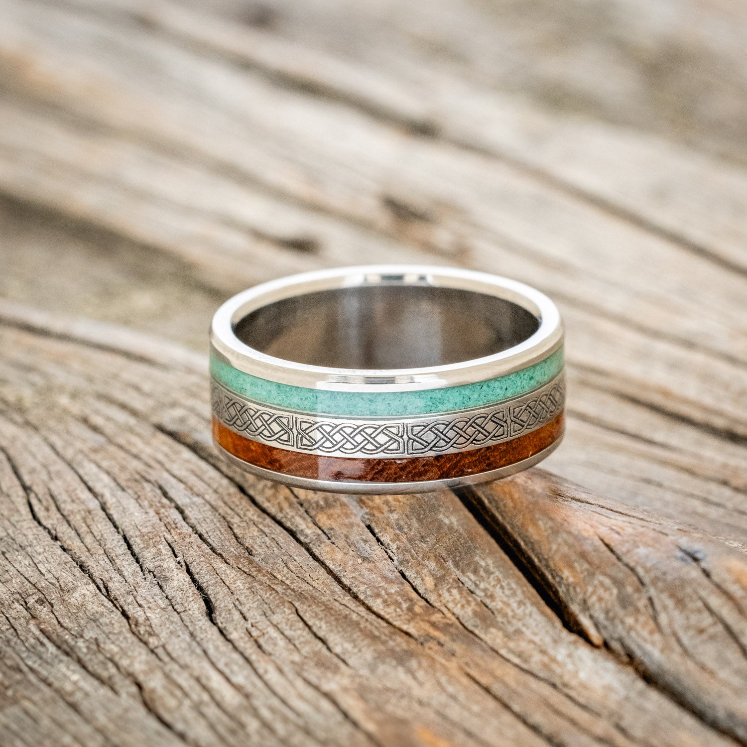 "RYDER" - CELTIC SAILOR'S KNOT ENGRAVED, MALACHITE & IRONWOOD WEDDING RING-3