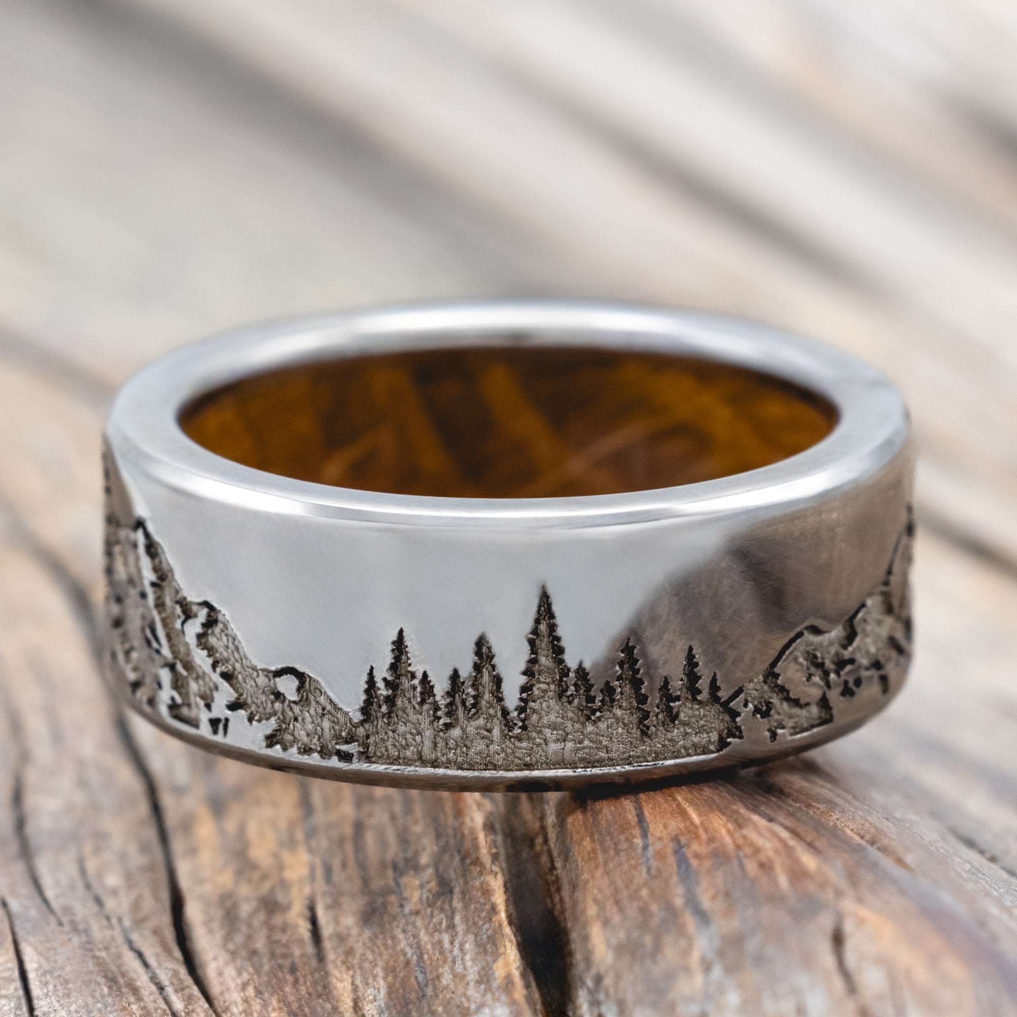 "Ross" - Mountain & Forest Engraved Wedding Band With Custom Lining-Staghead Designs