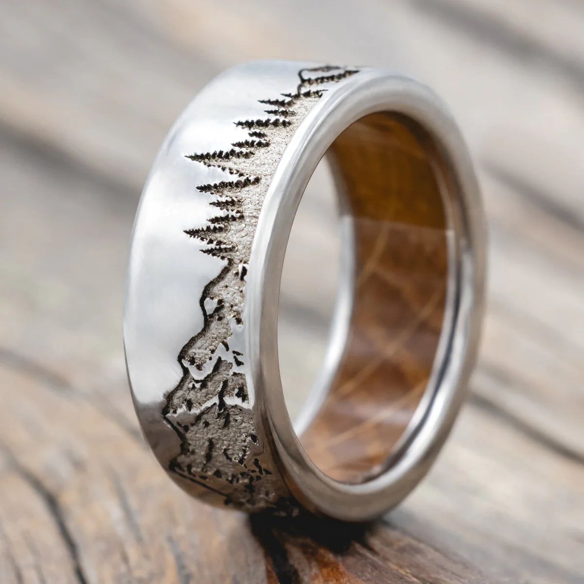 "Ross" - Mountain & Forest Engraved Wedding Band With Whiskey Barrel Lining - Titanium (8mm) - Size 8