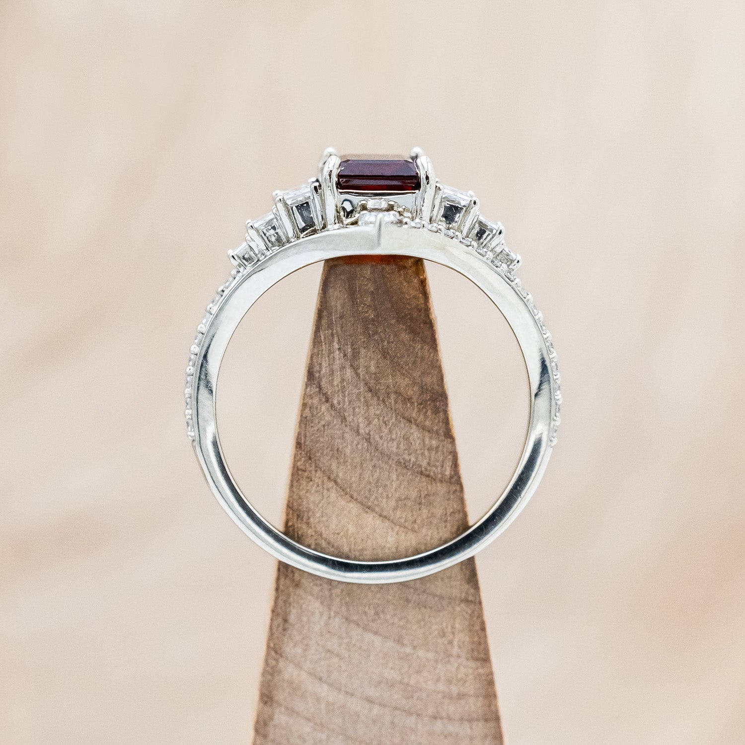"ATHENA" - EMERALD CUT MOZAMBIQUE GARNET ENGAGEMENT RING WITH DIAMOND ACCENTS-Staghead Designs