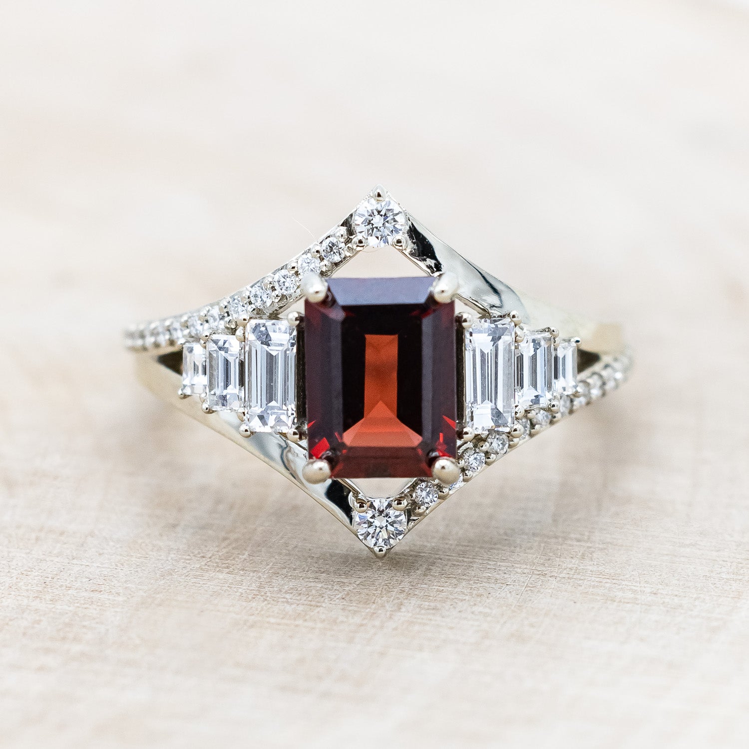 "ATHENA" - EMERALD CUT MOZAMBIQUE GARNET ENGAGEMENT RING WITH DIAMOND ACCENTS-Staghead Designs