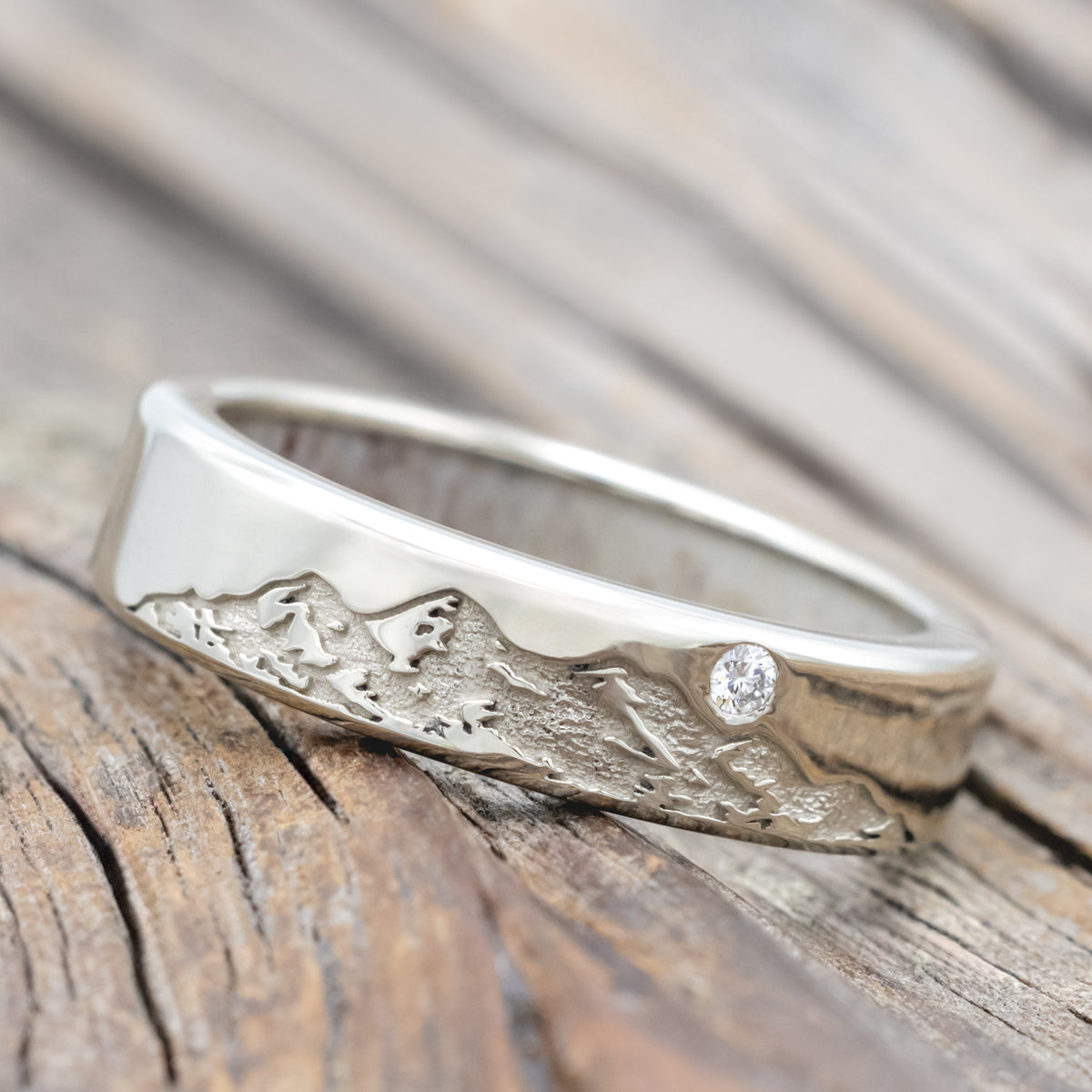 "Horizon" - Mountain Engraved Wedding Band With Custom Lining & Diamond Accent-Staghead Designs