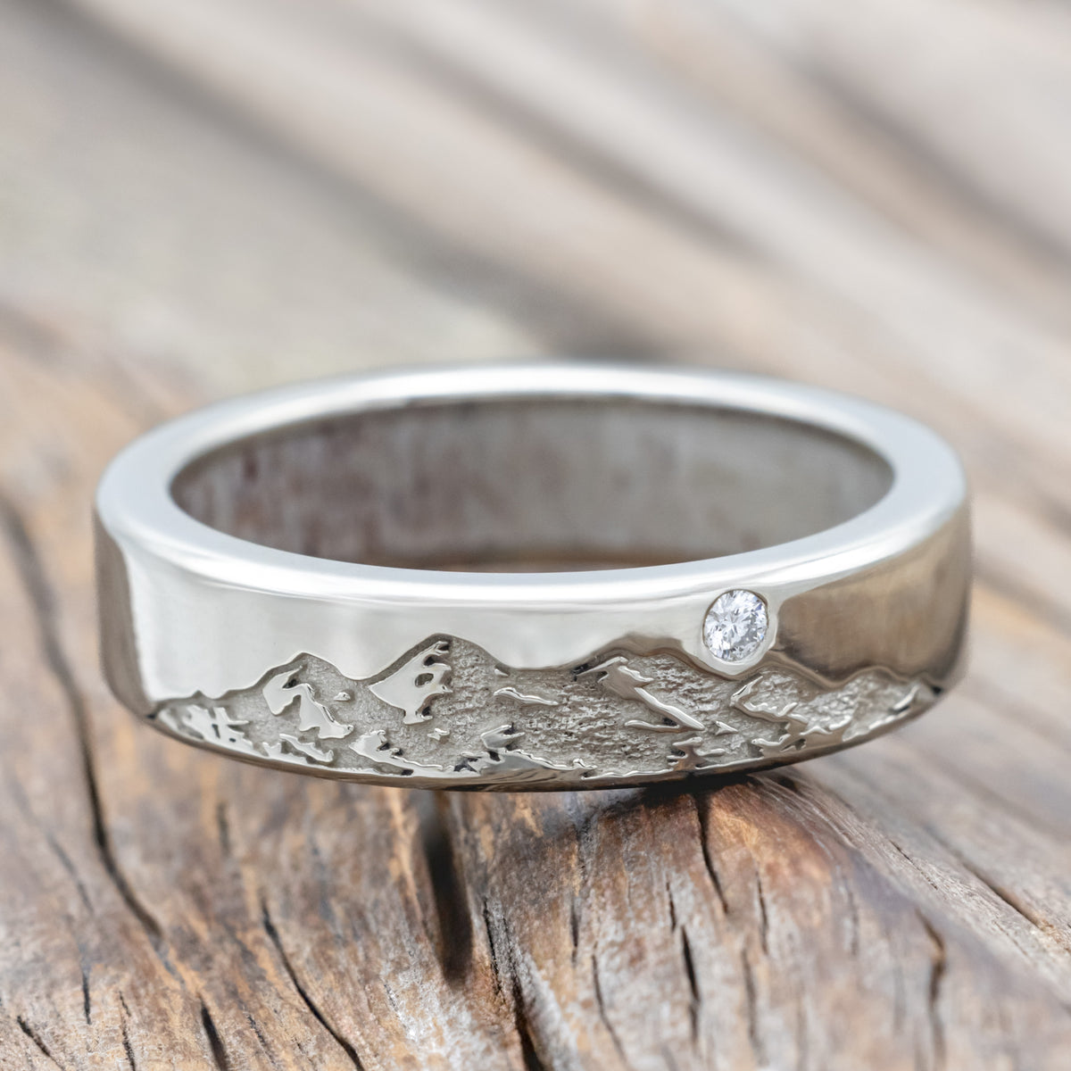 "Horizon" - Mountain Engraved Wedding Band With Custom Lining & Diamond Accent-Staghead Designs
