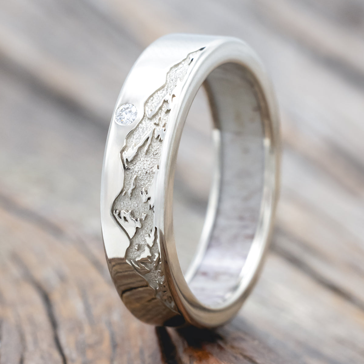 "Horizon" - Mountain Engraved Wedding Band With Custom Lining & Diamond Accent-Staghead Designs