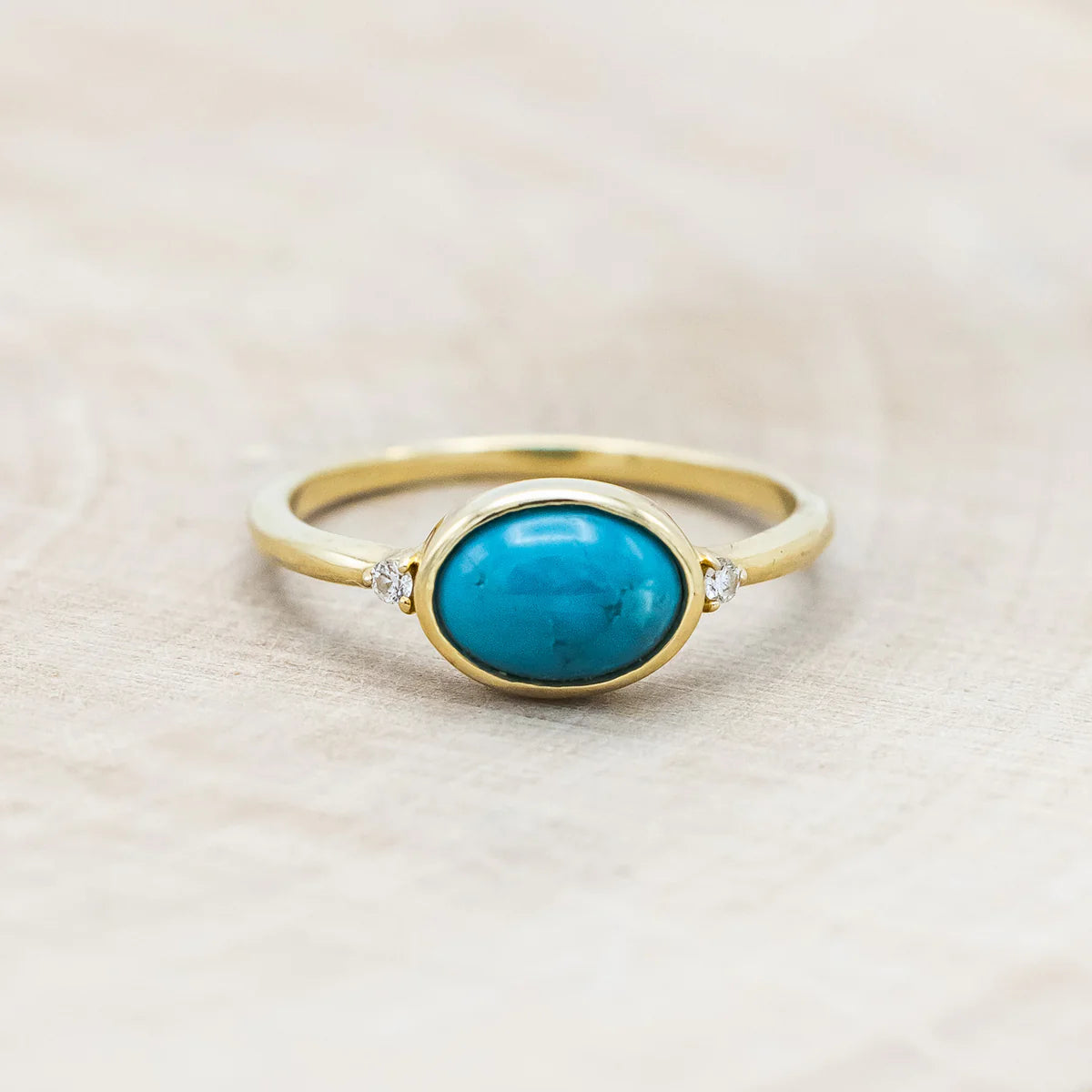 "SASI" - OVAL CABOCHON CUT TURQUOISE ENGAGEMENT RING WITH DIAMOND ACCENTS - 14K YELLOW GOLD - SIZE 6-Staghead Designs