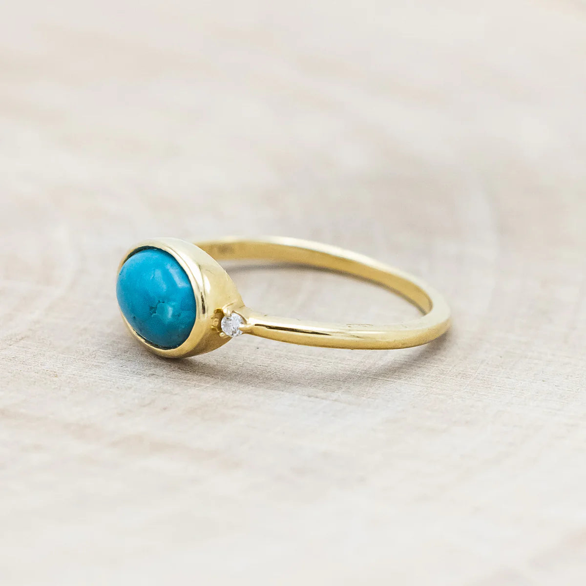 "SASI" - OVAL CABOCHON CUT TURQUOISE ENGAGEMENT RING WITH DIAMOND ACCENTS - 14K YELLOW GOLD - SIZE 6-Staghead Designs