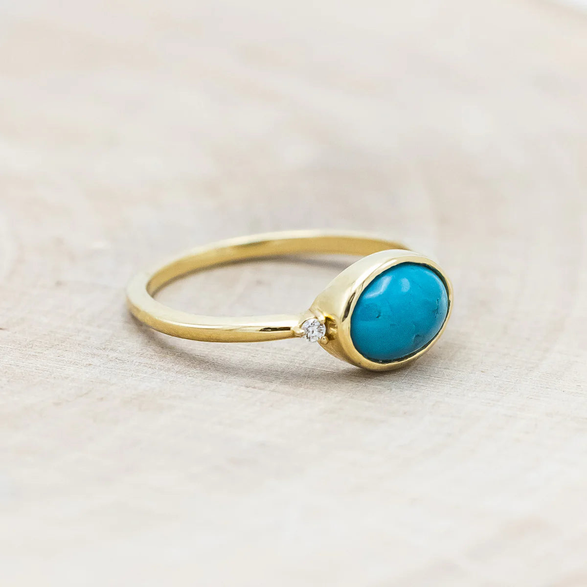 "SASI" - OVAL CABOCHON CUT TURQUOISE ENGAGEMENT RING WITH DIAMOND ACCENTS - 14K YELLOW GOLD - SIZE 6-Staghead Designs