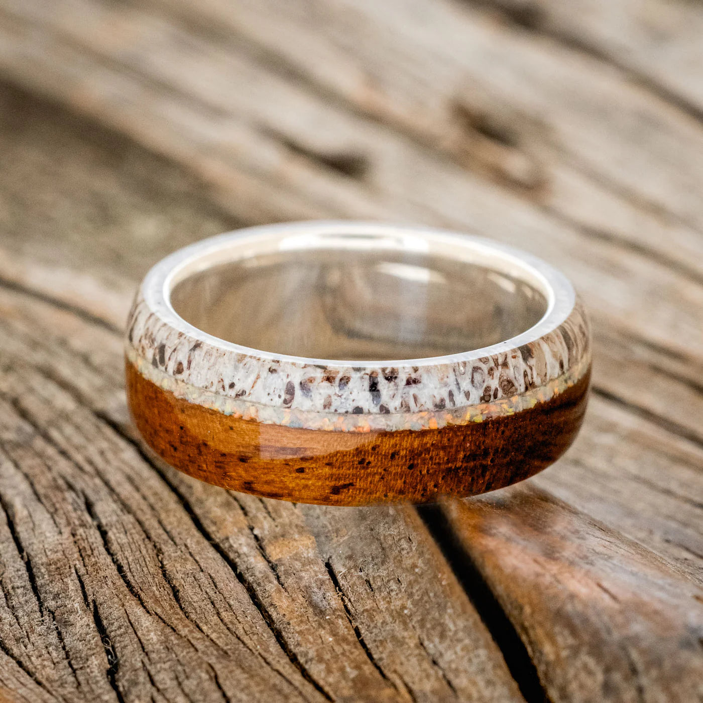 "REMMY" - IRONWOOD, ANTLER AND FIRE & ICE OPAL WEDDING RING- TITANIUM - SIZE 9 1/2-Staghead Designs