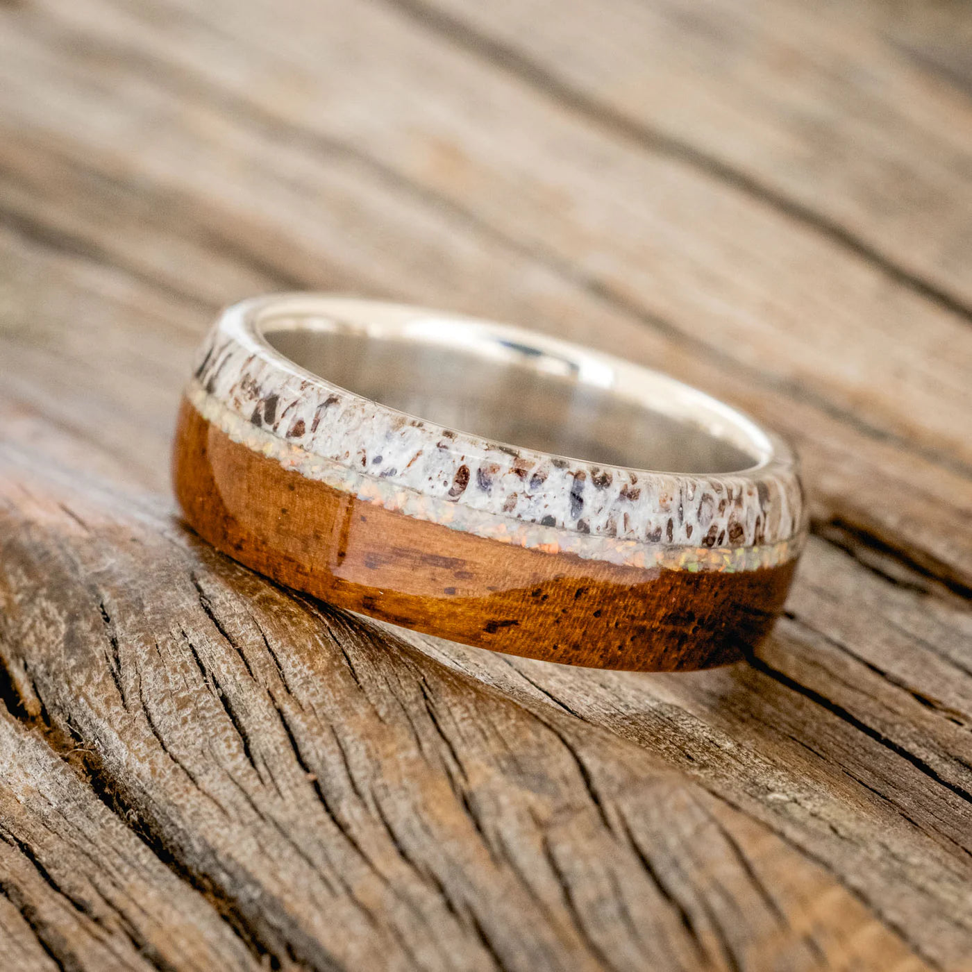 "REMMY" - IRONWOOD, ANTLER AND FIRE & ICE OPAL WEDDING RING- TITANIUM - SIZE 9 1/2-Staghead Designs