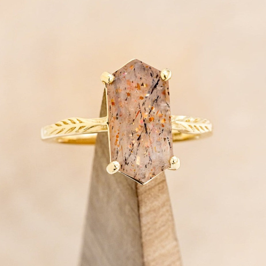 "HOPE" - SOLITAIRE ENGAGEMENT RING WITH FEATHER ACCENTS - SHOWN WITH ROUND MEDEINA GREEN MOISSANITE - SELECT YOUR OWN STONE-1