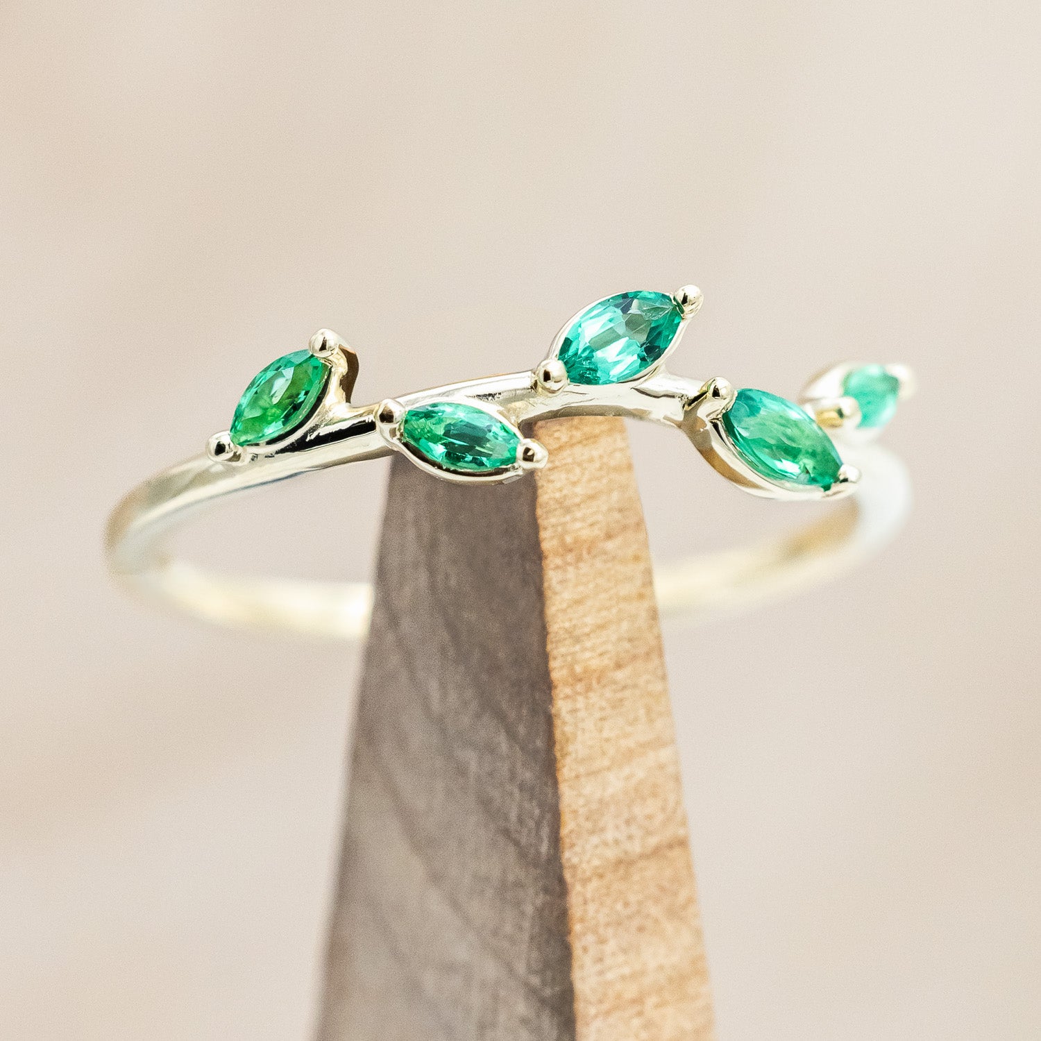 "IDHAL" - MARQUISE LAB-GROWN EMERALD LEAF RING WITH 14K GOLD-Staghead Designs