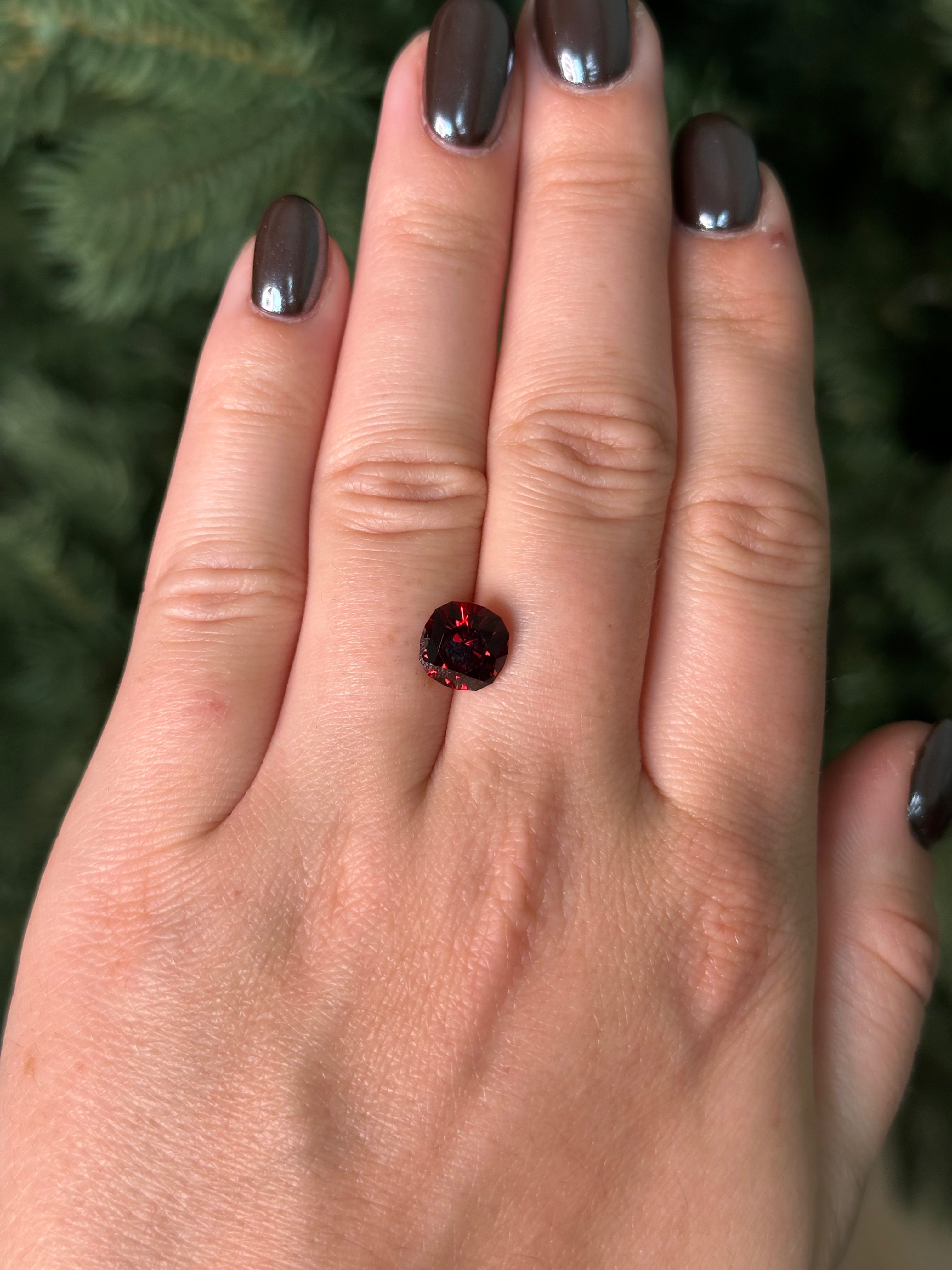Hand with a red garnet sitting on fingers against a blurred green background