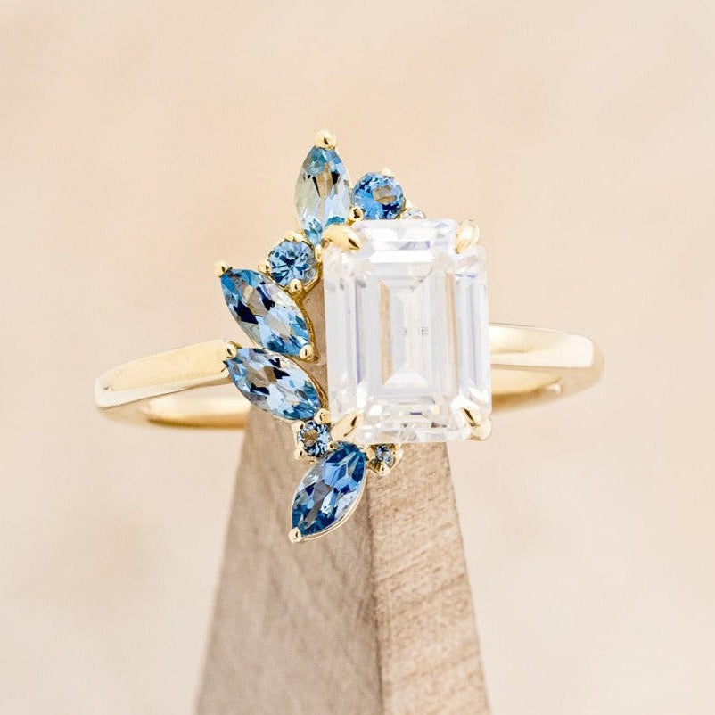"ISABELLA" - EMERALD CUT MOISSANITE ENGAGEMENT RING WITH AQUAMARINE ACCENTS-1
