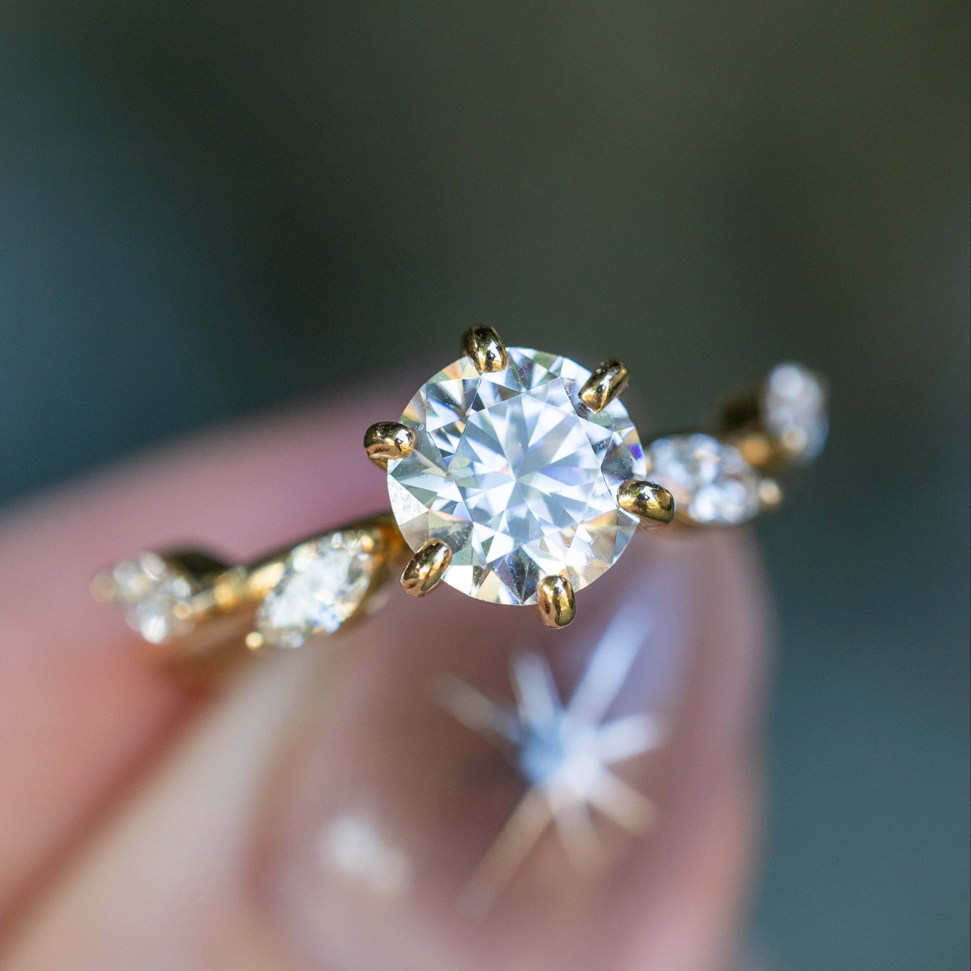 "Flora" - Round Cut Moissanite Engagement Ring With Marquise Cut Diamond Accents - 14K Yellow Gold - Size 4 1/2-Staghead Designs