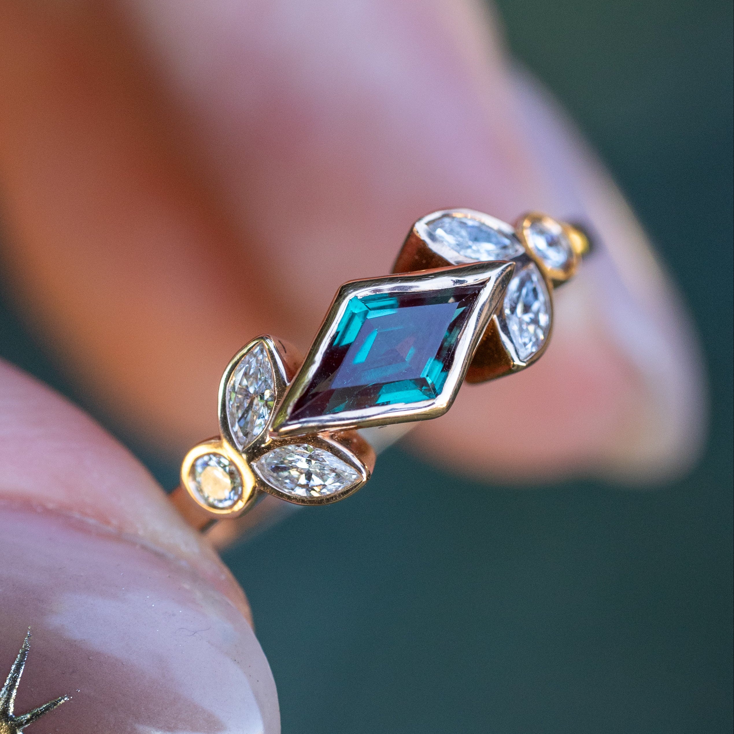 "Rowen" - Lozenge Cut Lab-Grown Alexandrite Engagement Ring With Diamond Accents - 14K Yellow Gold - Size 8 3/4-Staghead Designs