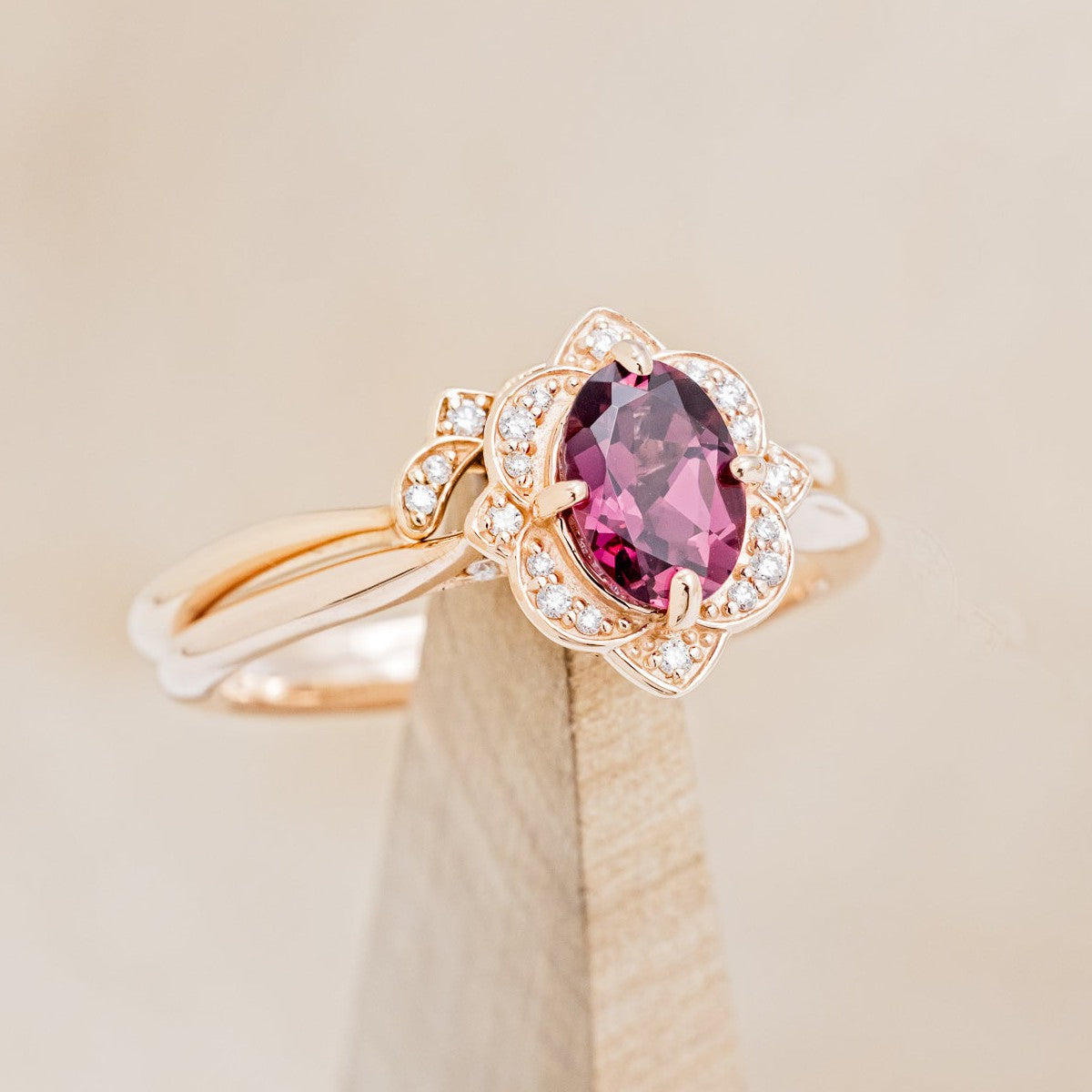 "JANE" - OVAL CUT RHODOLITE GARNET ENGAGEMENT RING WITH DIAMOND ACCENTS & TRACER-1