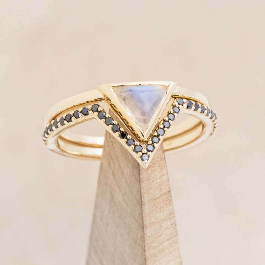 "JENNY FROM THE BLOCK" - TRIANGLE MOONSTONE ENGAGEMENT RING WITH BLACK DIAMOND V-SHAPED TRACER-1