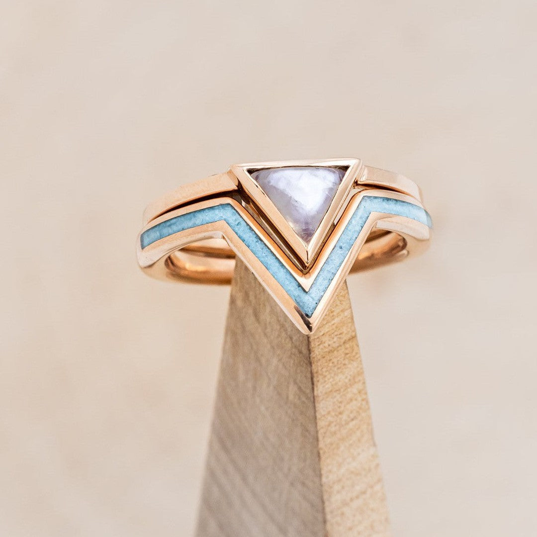 "JENNY FROM THE BLOCK" - TRIANGLE MOONSTONE ENGAGEMENT RING WITH TURQUOISE V-SHAPED TRACER-1