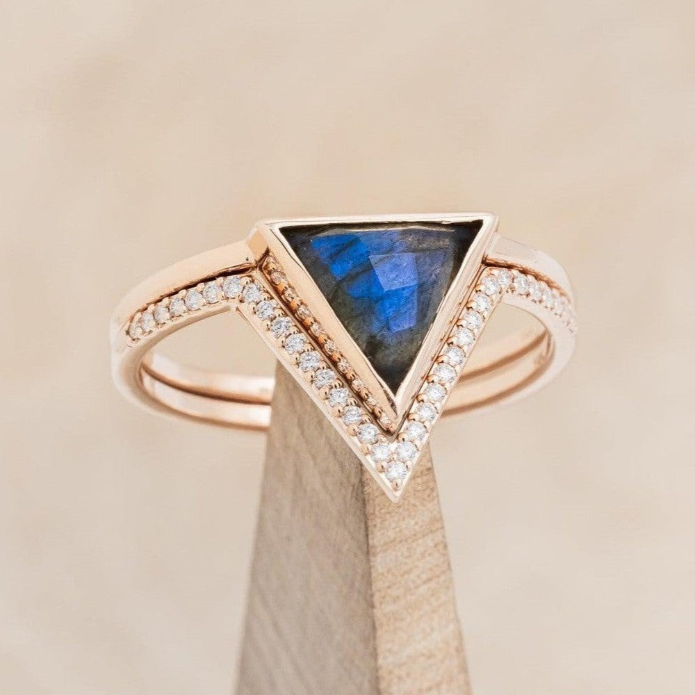 "JENNY FROM THE BLOCK" - TRIANGLE LABRADORITE ENGAGEMENT RING WITH V-SHAPED DIAMOND BAND-1