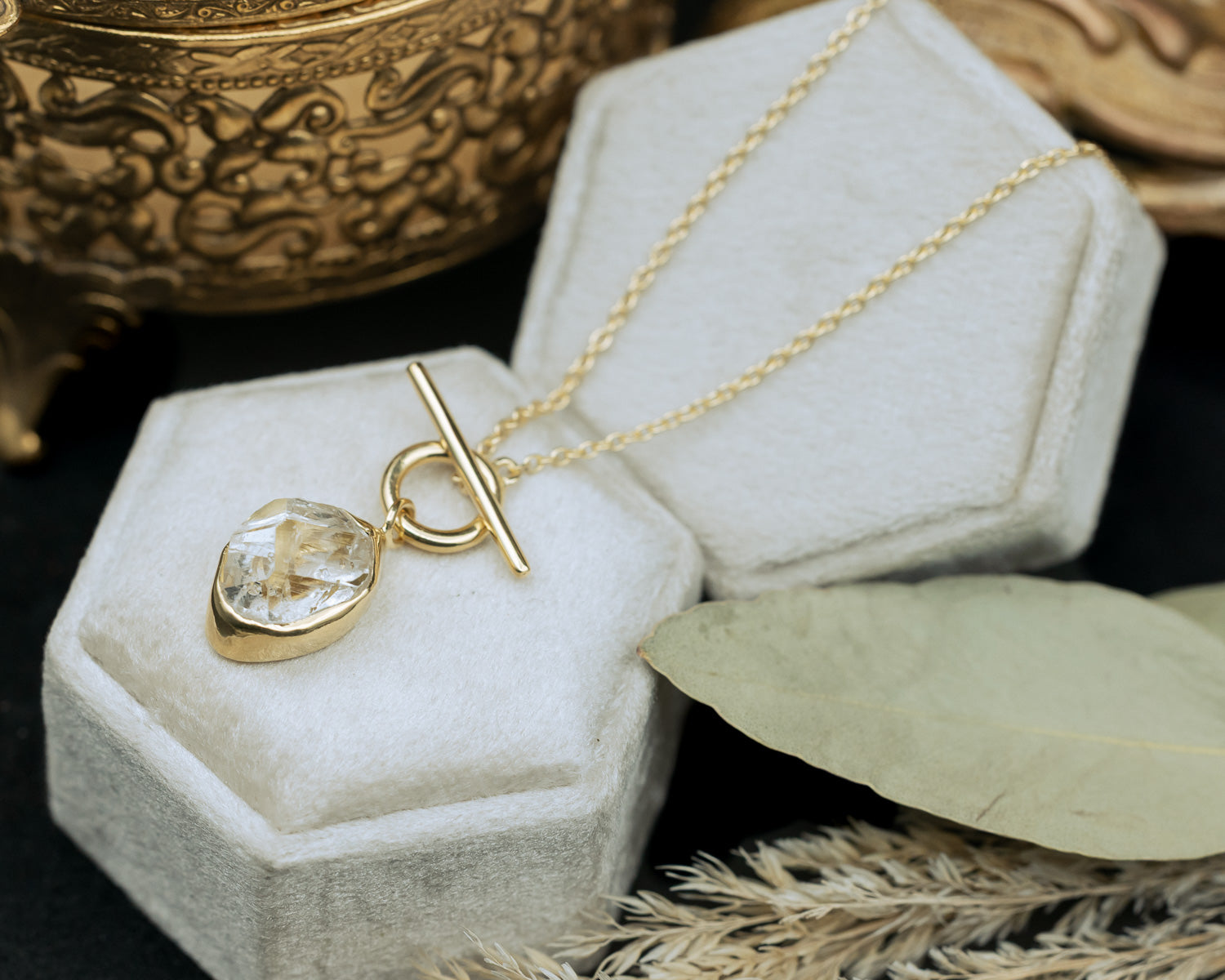 Product photo of 18K Gold Vermeil Herkimer Diamond Quartz Necklace with a 925 Sterling Silver base