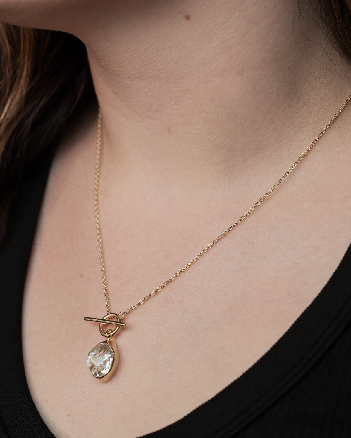 On neck photo of 18K Gold Vermeil Herkimer Diamond Quartz Necklace with a 925 Sterling Silver base