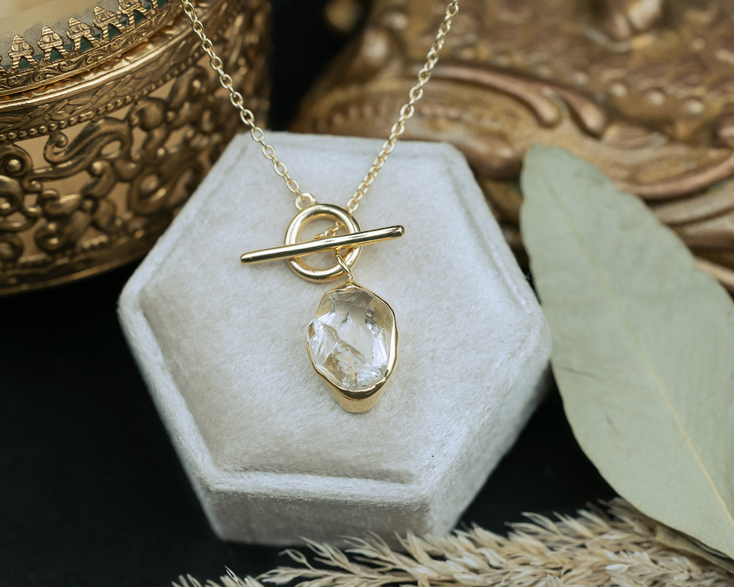 Product photo of 18K Gold Vermeil Herkimer Diamond Quartz Necklace with a 925 Sterling Silver base