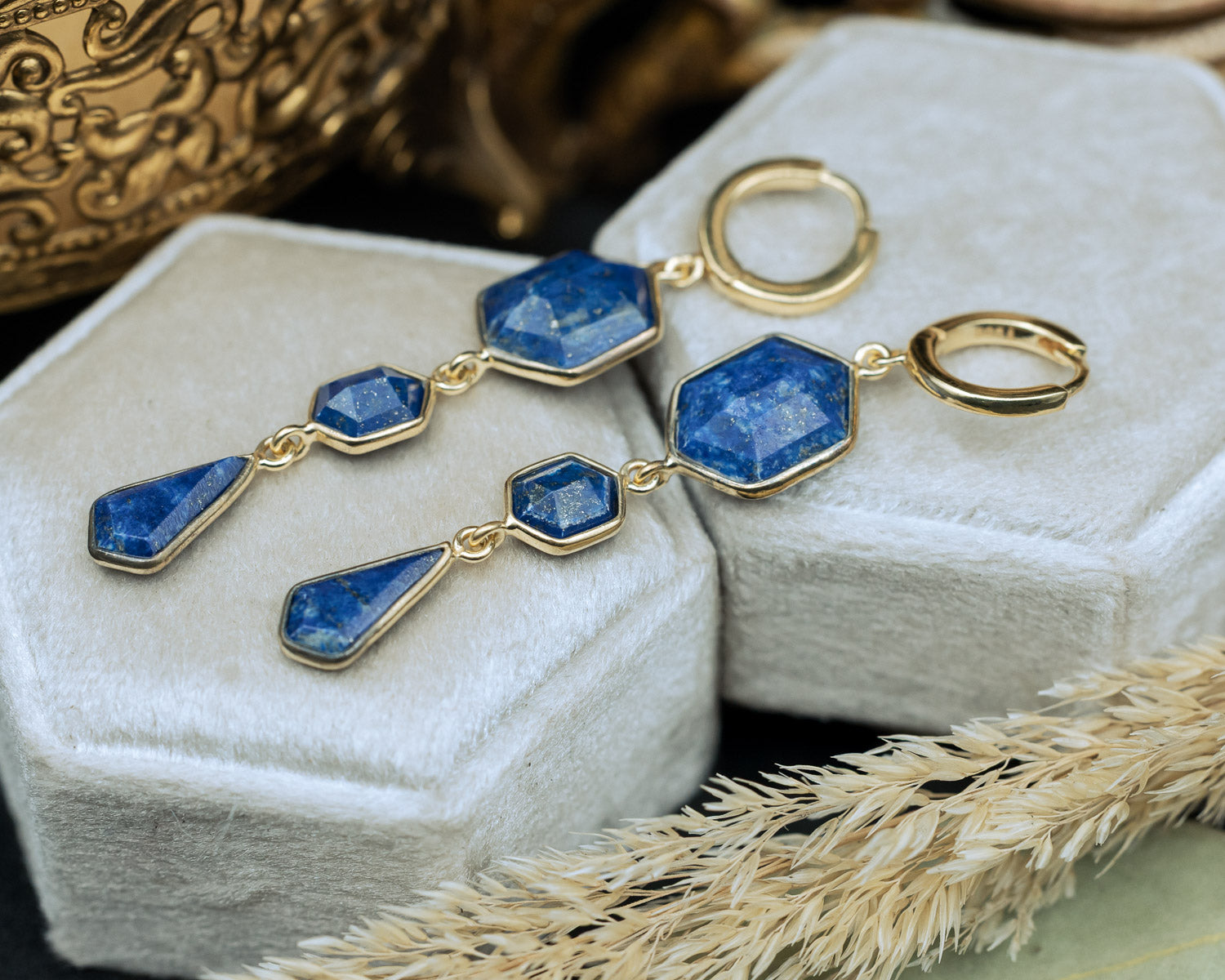 Product photo of 18K Gold Vermeil Blue Lapis Lazuli Dangle Earrings with a 925 Sterling Silver base