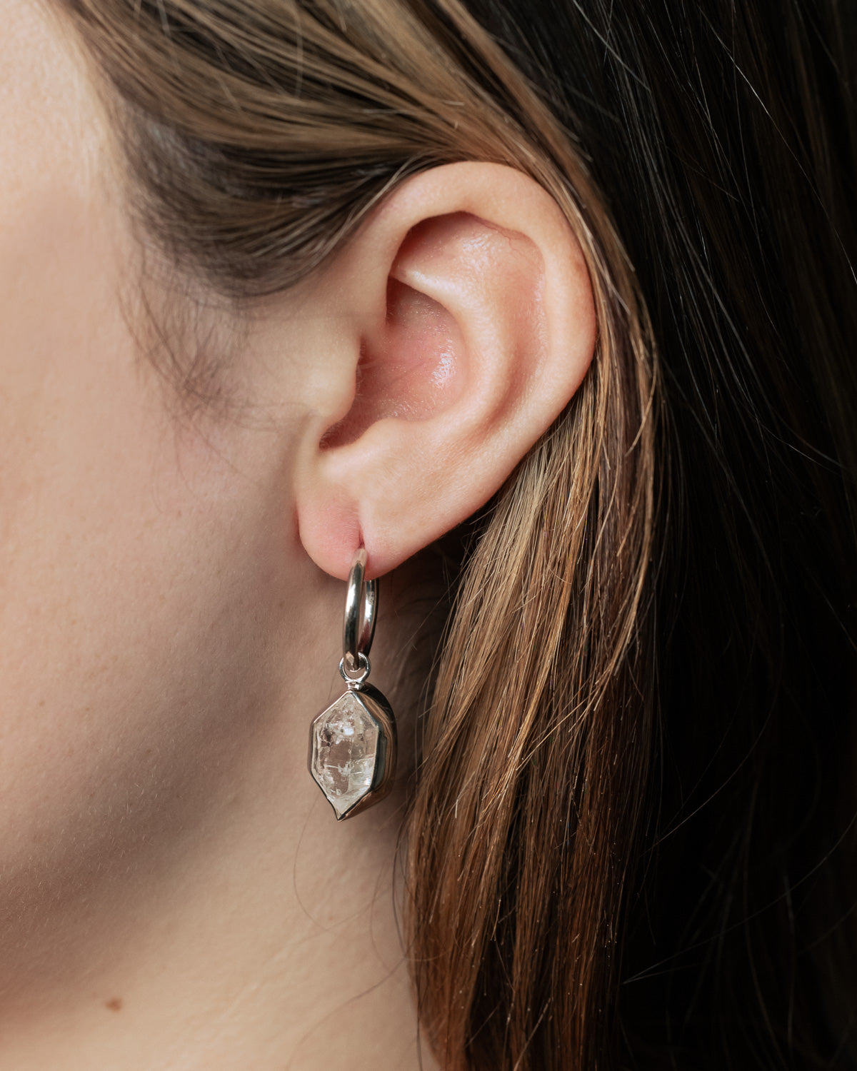 In ear photo of Rhodium Plated Herkimer Diamond Quartz Earrings with a 925 Sterling Silver base