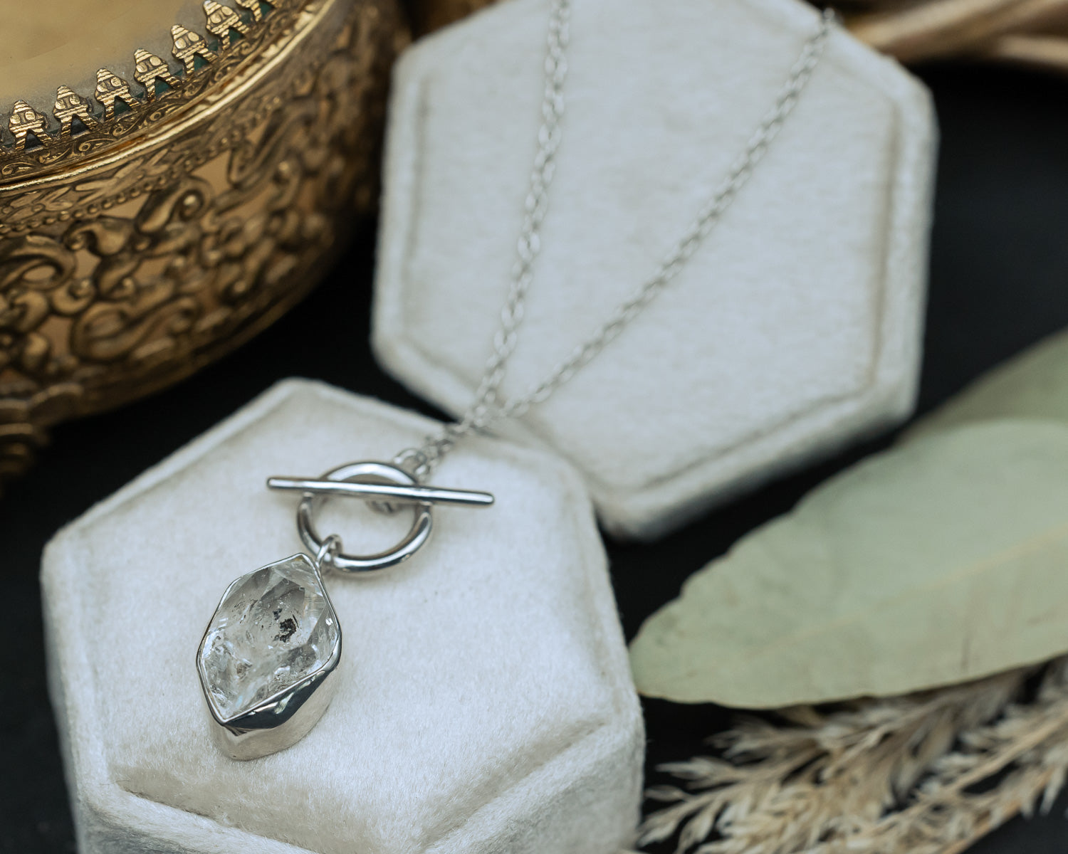 Product photo of Rhodium Plated Herkimer Diamond Quartz Necklace with a 925 Sterling Silver base