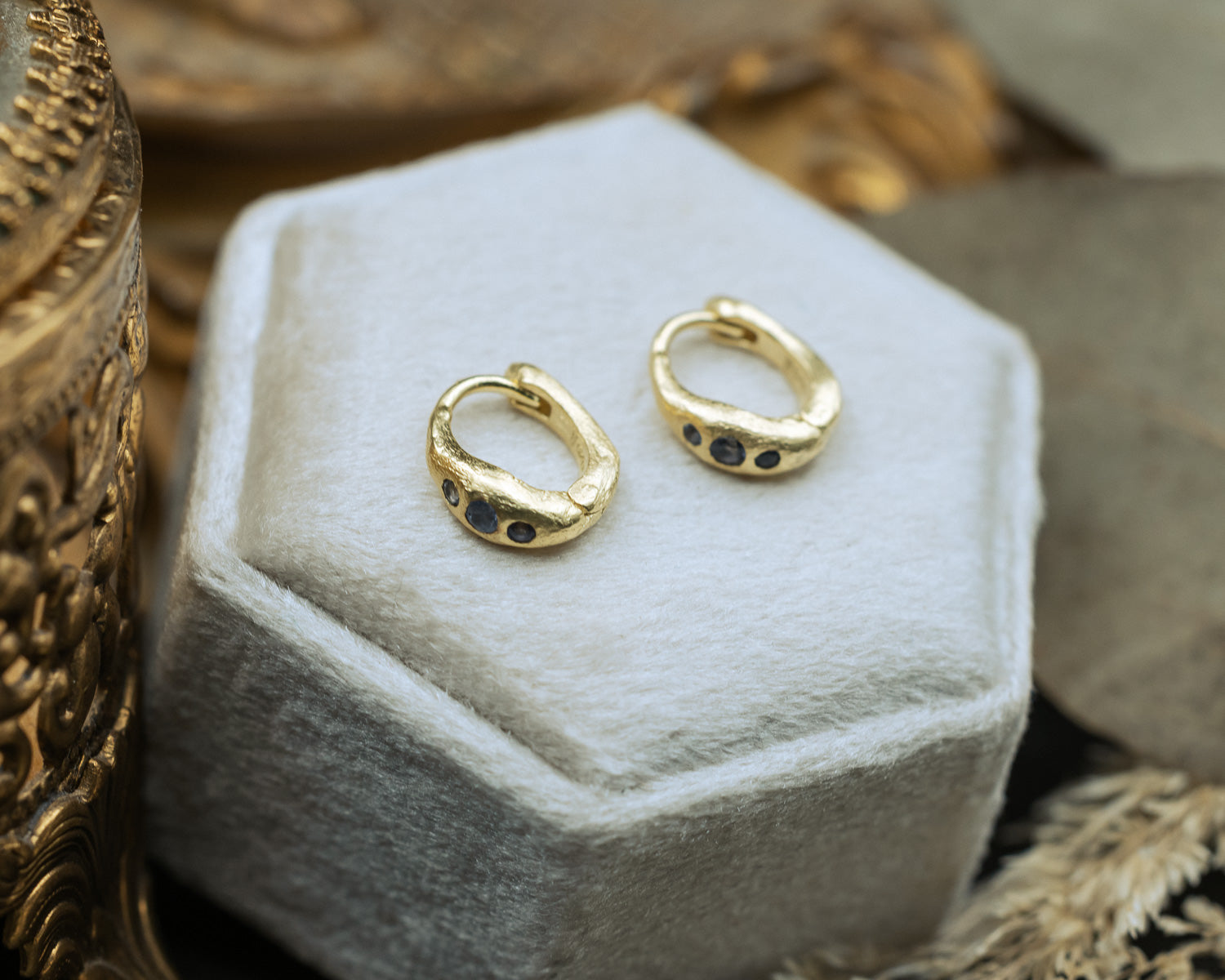 DECO COLLECTION - 18K GOLD VERMEIL HOOP EARRINGS WITH IOLITE ACCENTS - BY JORGE REVILLA-Staghead Designs