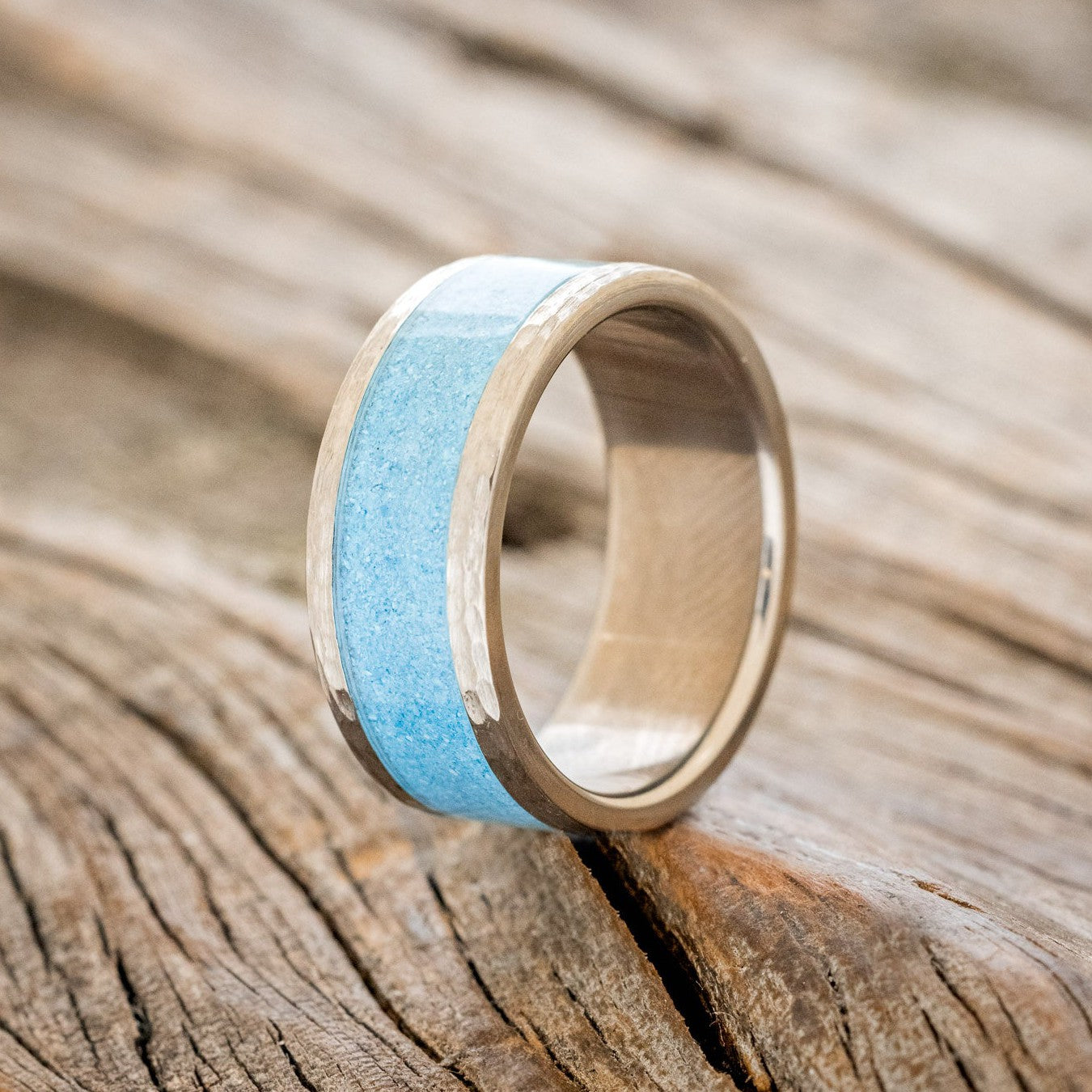 "KALDER" - TURQUOISE WEDDING BAND WITH HAMMERED FINISH-1