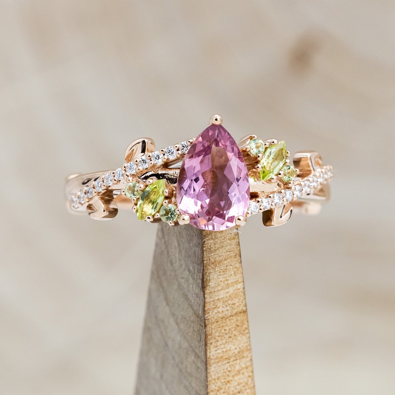 "KAMILA" - PEAR-SHAPED PINK TOURMALINE ENGAGEMENT RING WITH PERIDOT & DIAMOND ACCENTS-1