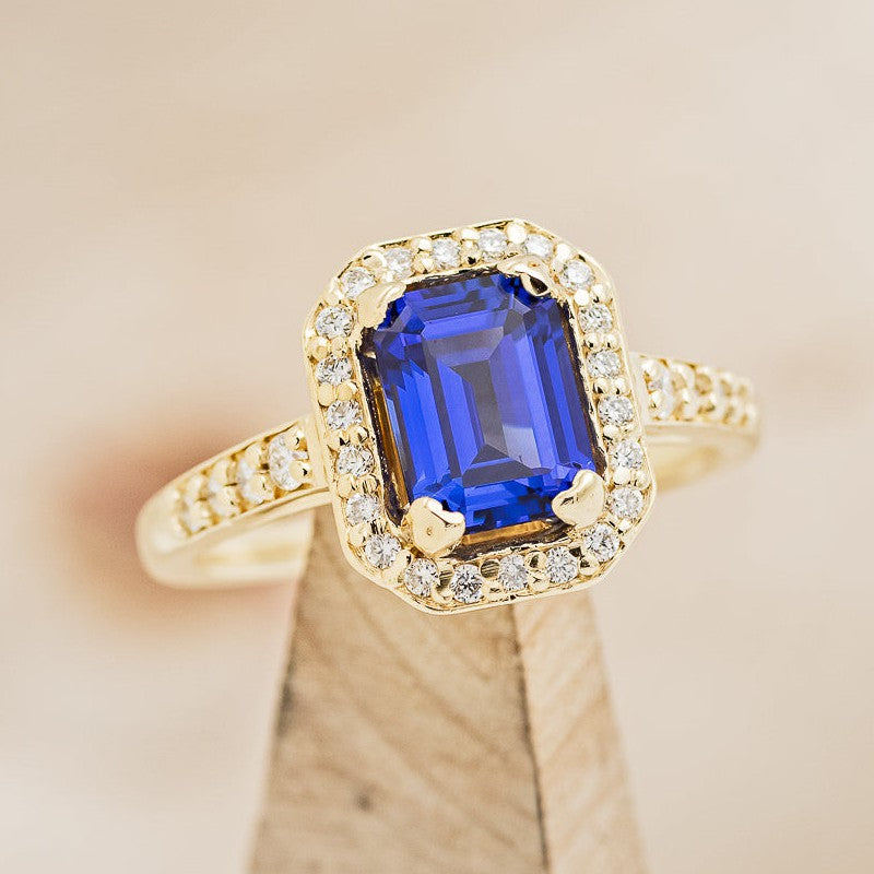 "KARLA" - EMERALD CUT ENGAGEMENT RING WITH DIAMOND HALO & ACCENTS-Staghead Designs
