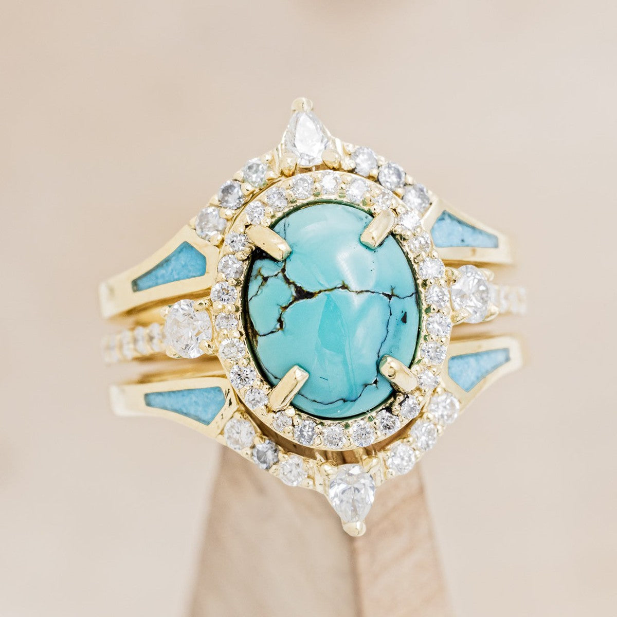 "KB" - BRIDAL SUITE - OVAL TURQUOISE ENGAGEMENT RING WITH DIAMOND ACCENTS & TRACERS-1