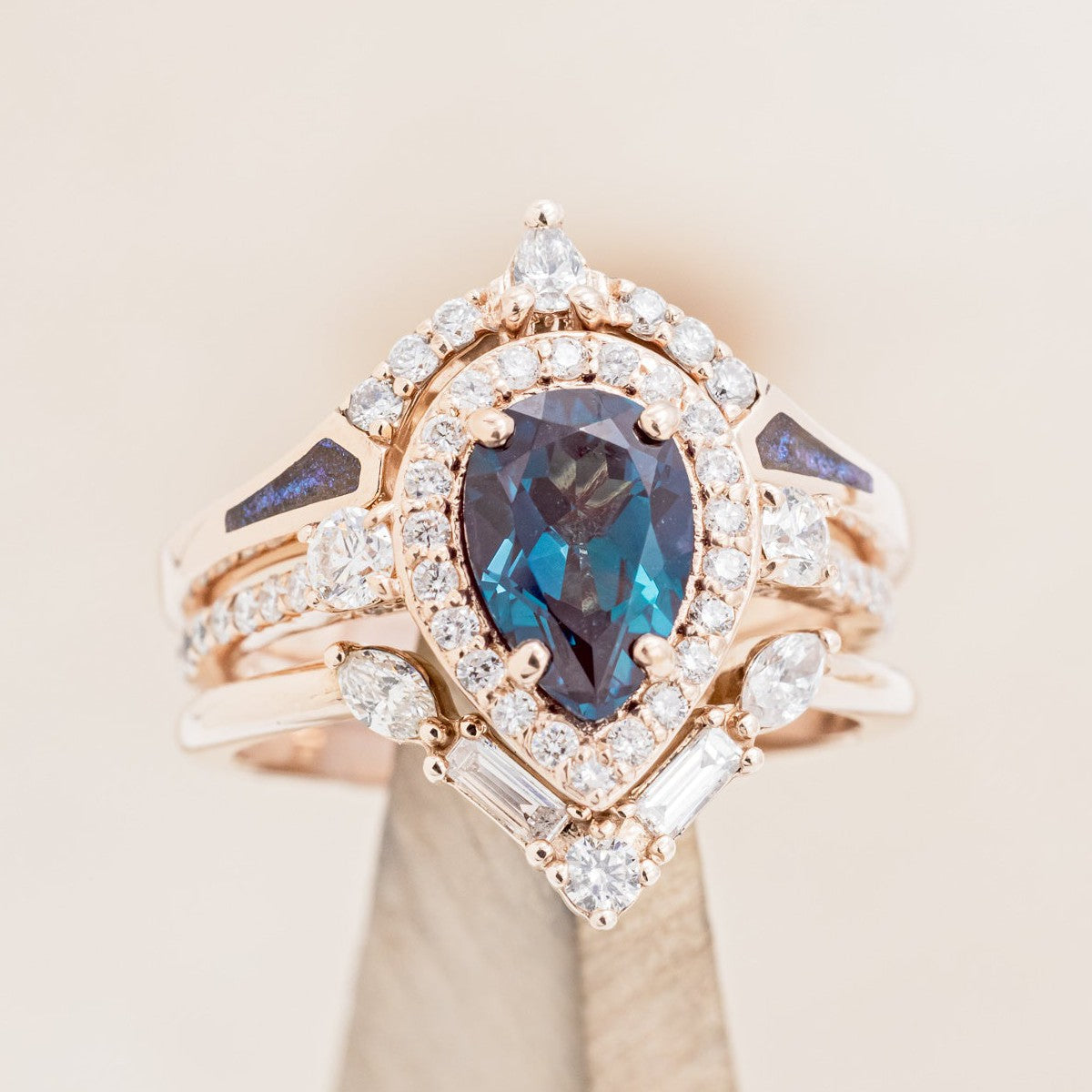 "KB" - BRIDAL SUITE - PEAR SHAPED LAB-GROWN ALEXANDRITE ENGAGEMENT RING WITH DIAMOND ACCENTS & TRACERS-1