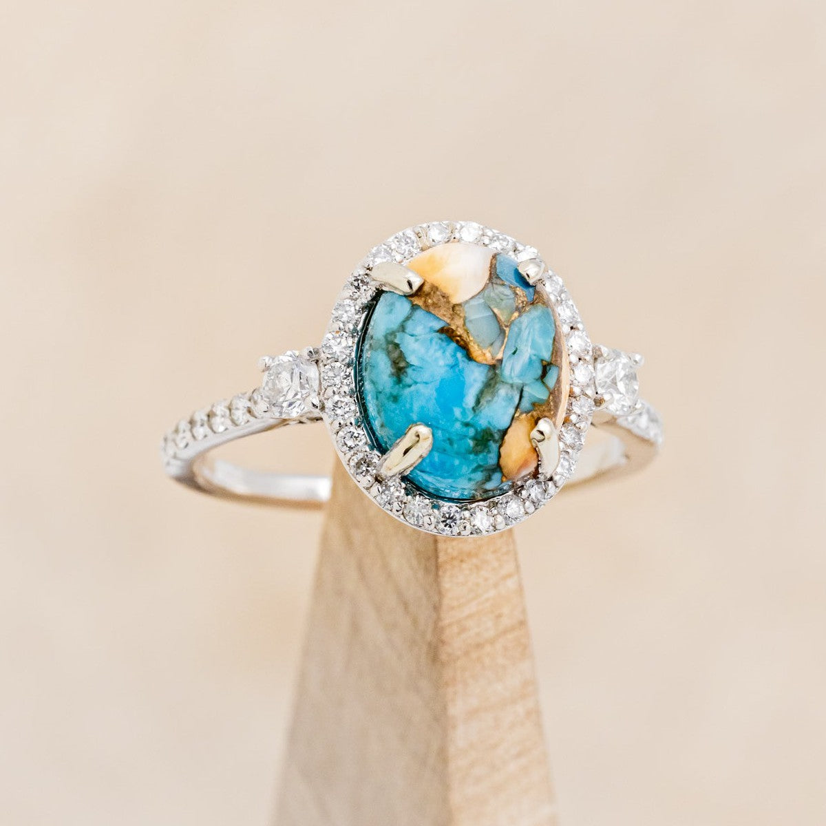 "KB" - OVAL SPINY OYSTER TURQUOISE ENGAGEMENT RING WITH DIAMOND HALO & ACCENTS-1