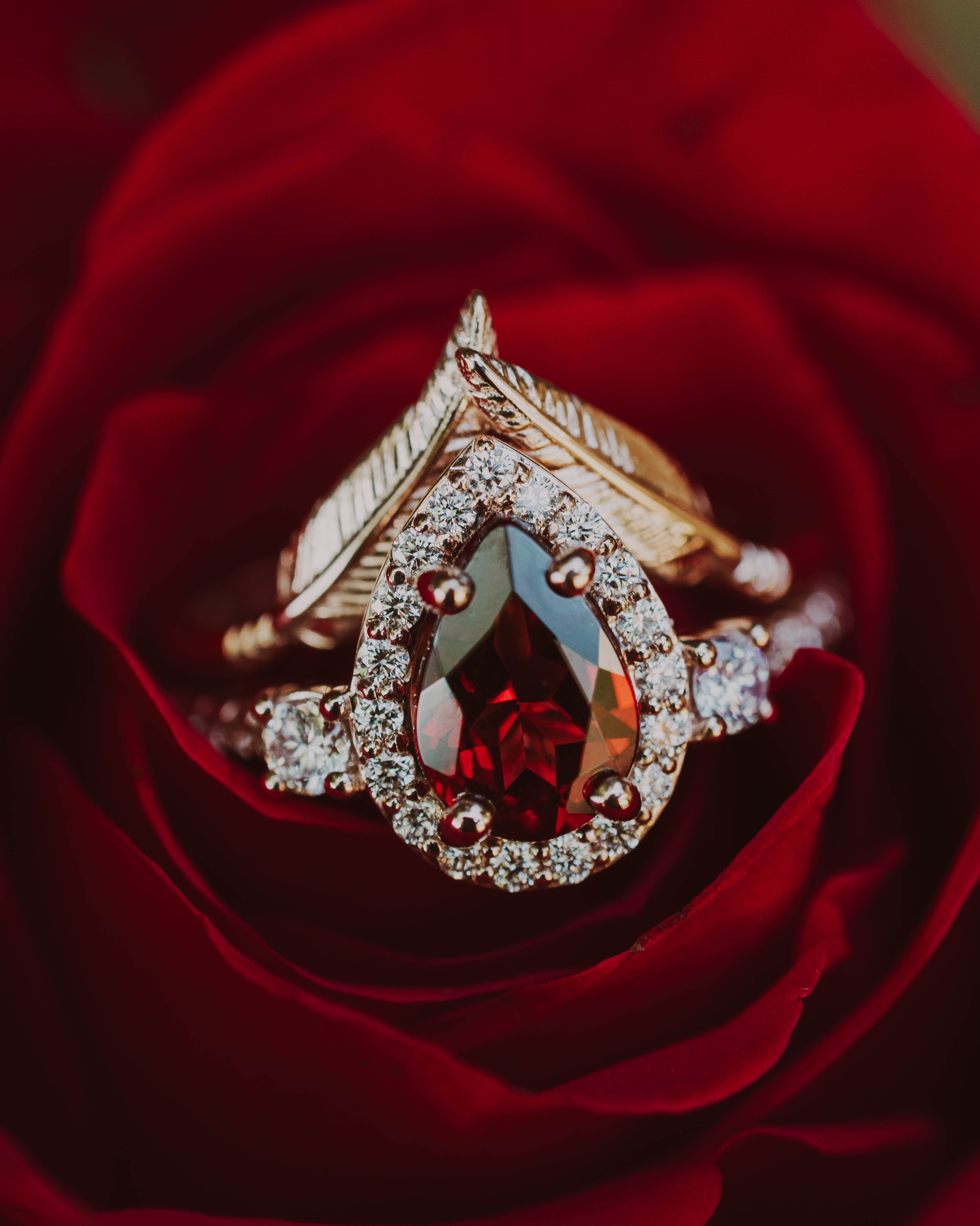 "KB" - PEAR CUT MOZAMBIQUE GARNET ENGAGEMENT RING WITH "FALA" TRACER-Staghead Designs