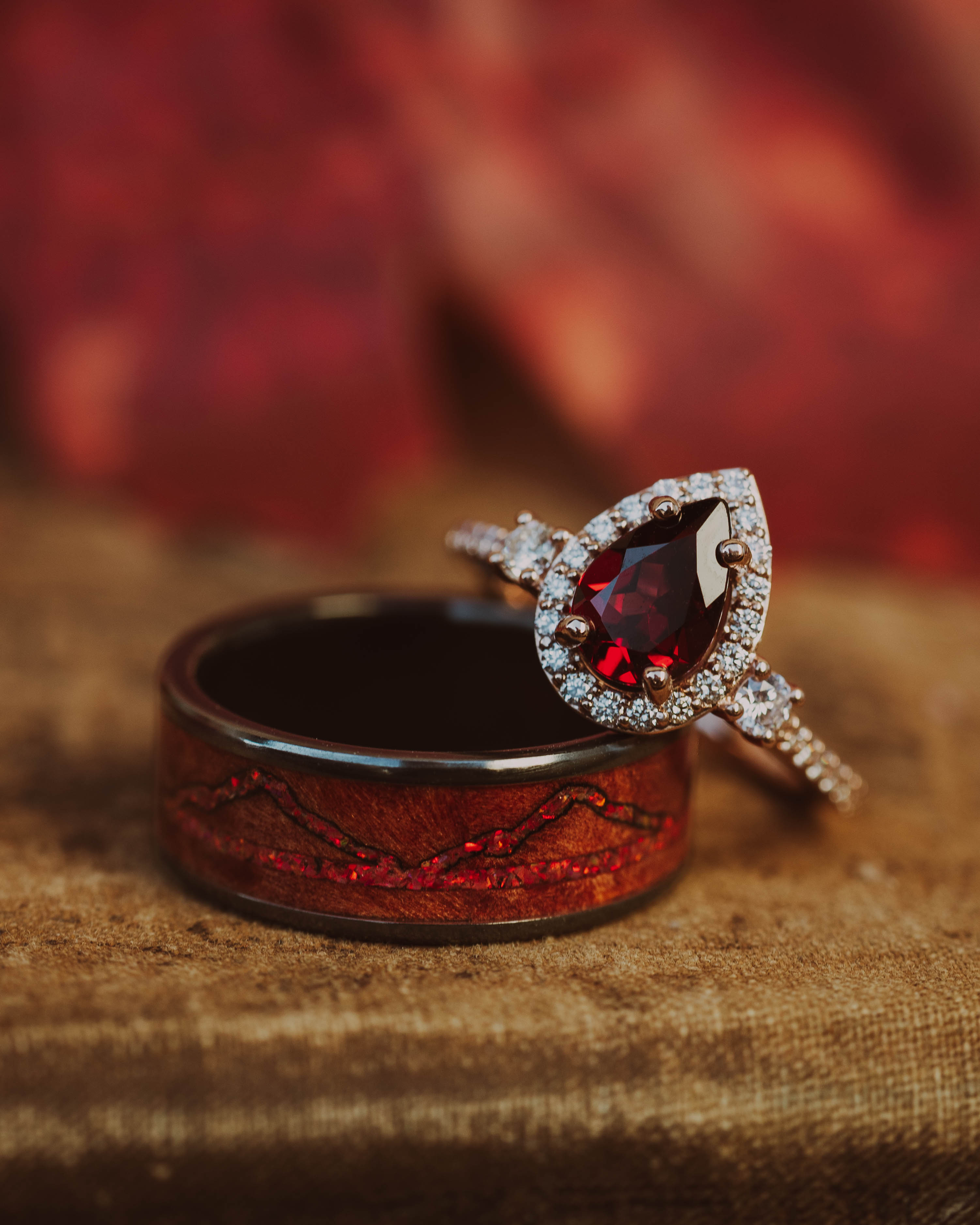 "KB" - PEAR CUT MOZAMBIQUE GARNET ENGAGEMENT RING WITH "FALA" TRACER-Staghead Designs
