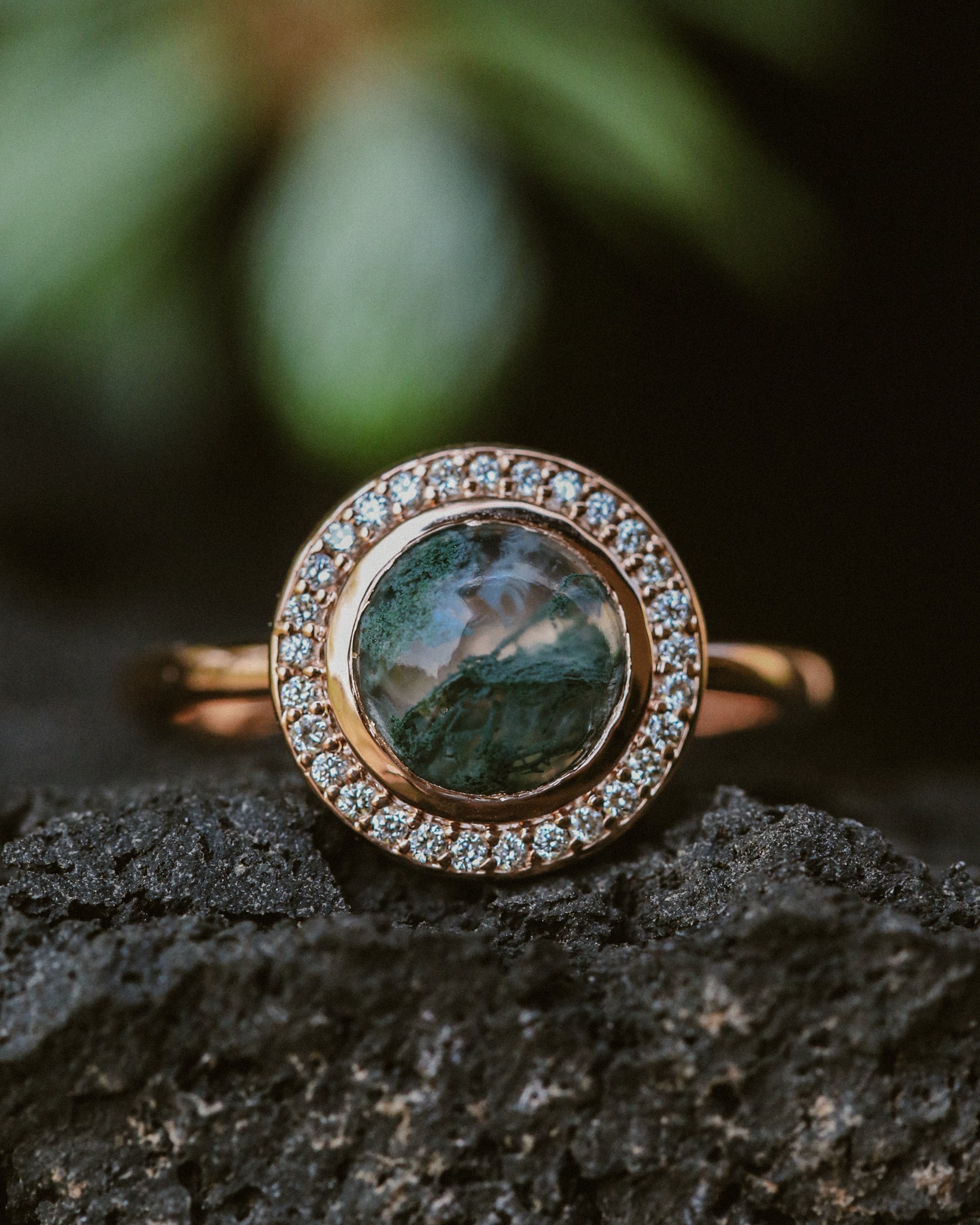 "TERRA" - ROUND CUT MOSS AGATE ENGAGEMENT RING WITH DIAMOND HALO-19